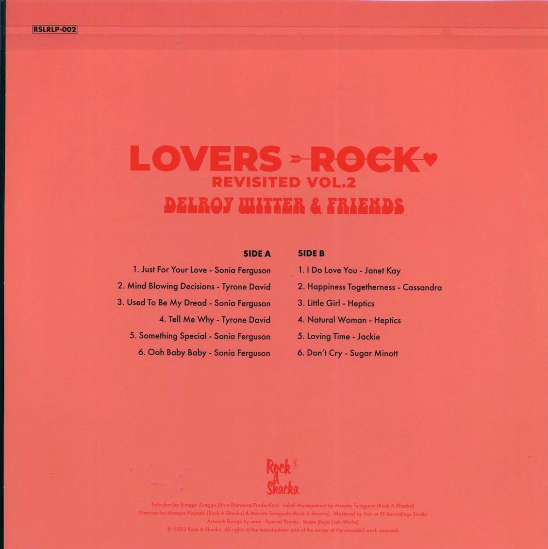 Sugar Minott, Janet Kay, Heptics, Sonia Ferrguson, Tyrone David, Etc. - Delroy Witter & Friends Lovers Rock Revisited Volume 2: Sound Of Success (Japan press) vinyl LP back cover