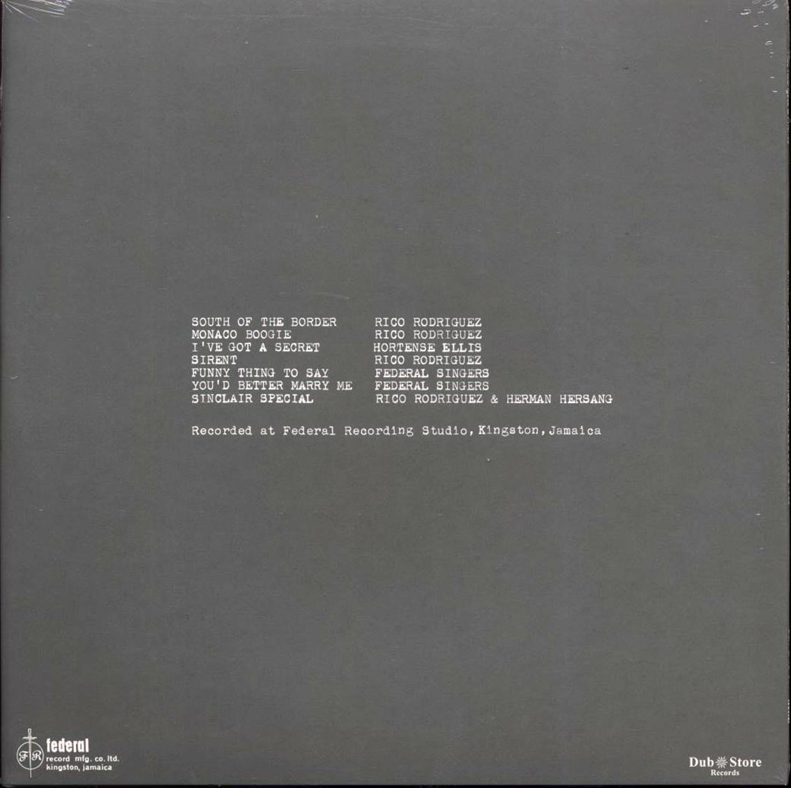 Rico Rodriguez, Hortense Ellis, Federal Singers, Herman Hersang - Unreleased Early Recordings: Shuffle Boogie 1960 (Japan press) vinyl LP back cover