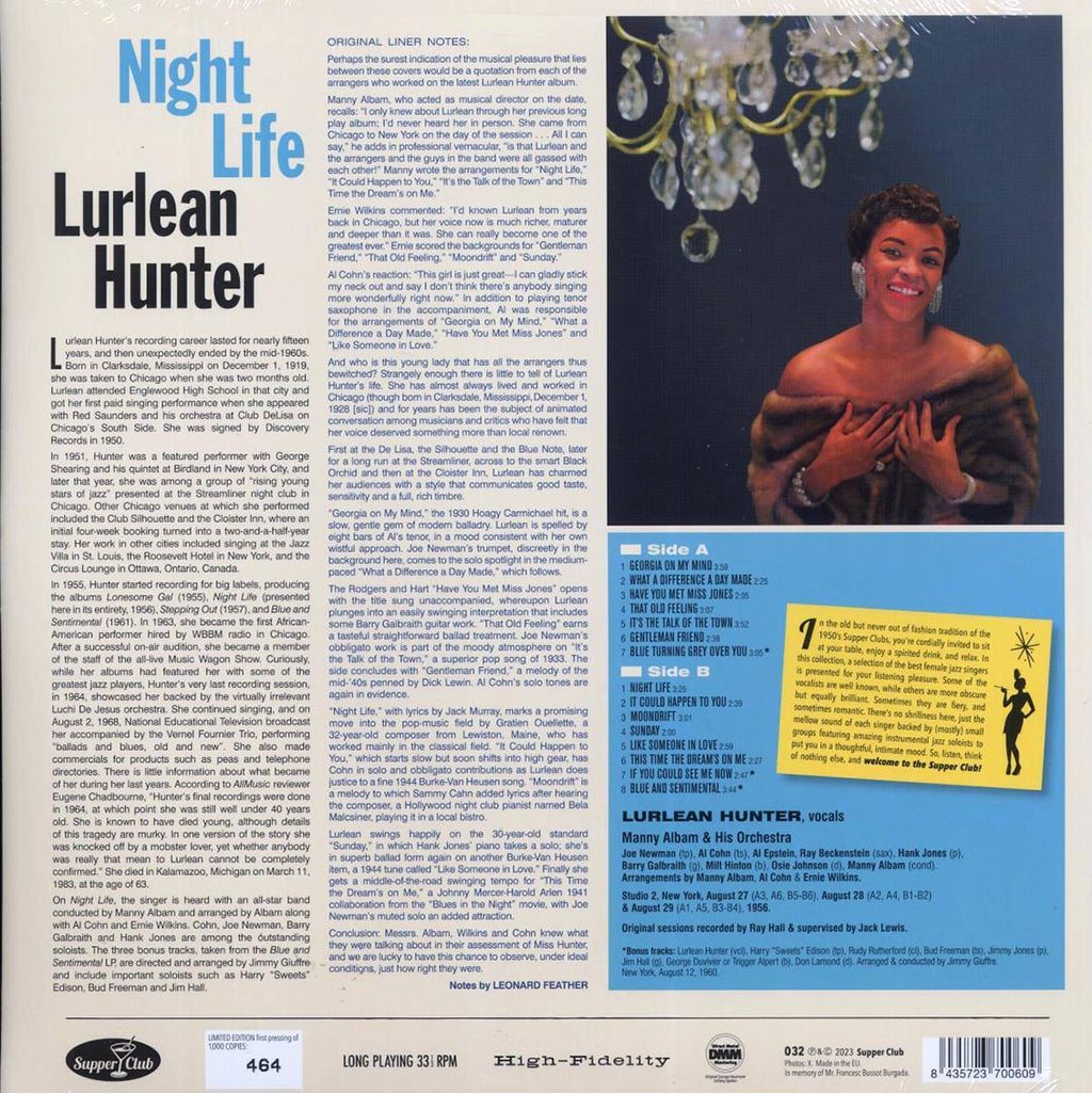 Lurlean Hunter - Night Life (+3 bonus tracks) (ltd. ed.) (180g) vinyl LP back cover