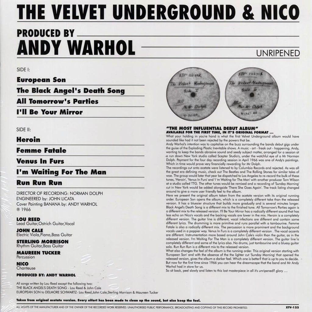 The Velvet Underground & Nico - Unripened: Norman Dolph's Acetate vinyl LP back cover