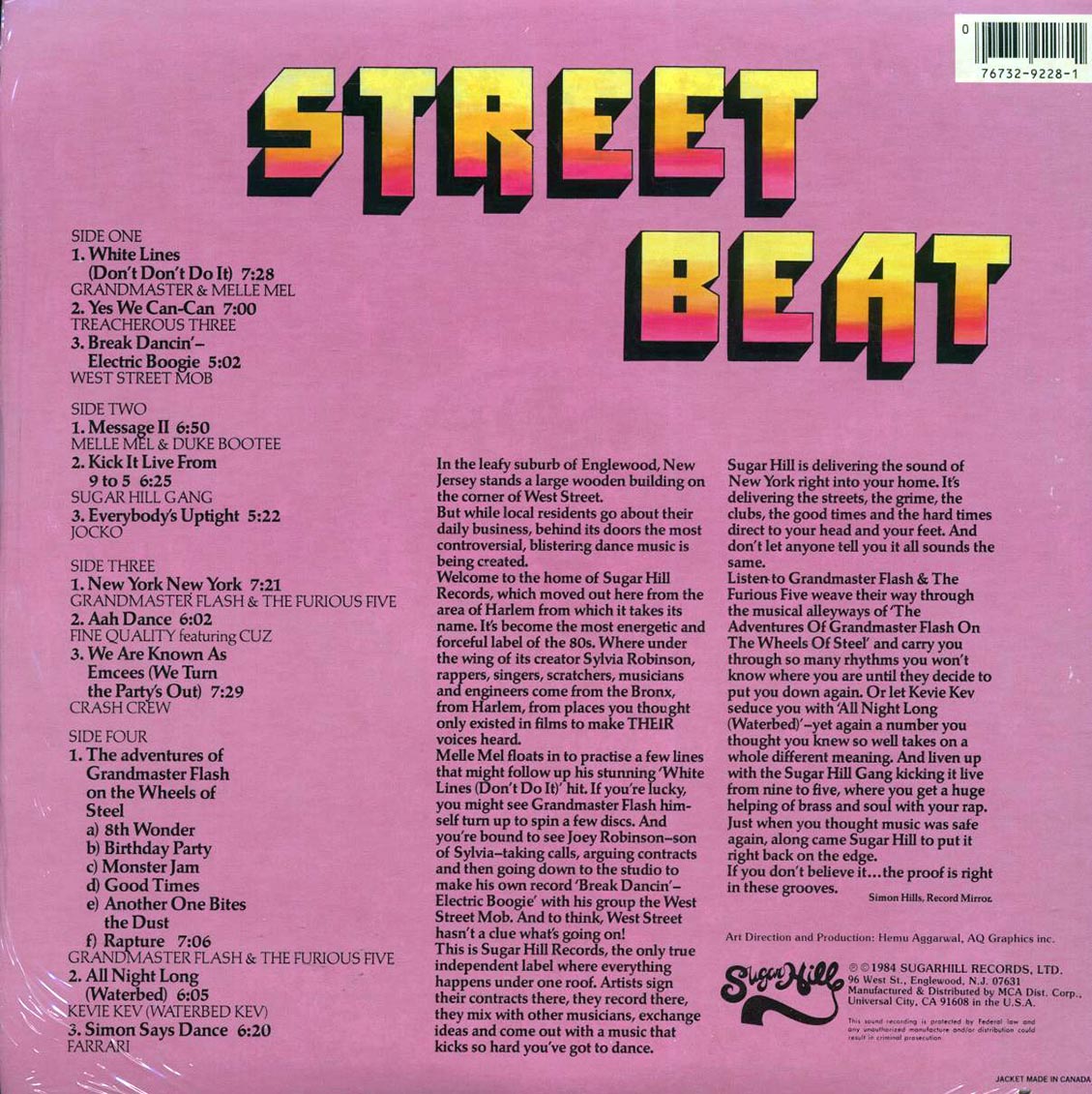 Grandmaster Flash, Treacherous Three, Jocko, Melle Mel, Sugarhill Gang, Kevie Kev, Etc. - Street Beat (1984 ORIGINAL PRESS) (orig. press) (2xLP) (marked/ltd stock) vinyl LP back cover