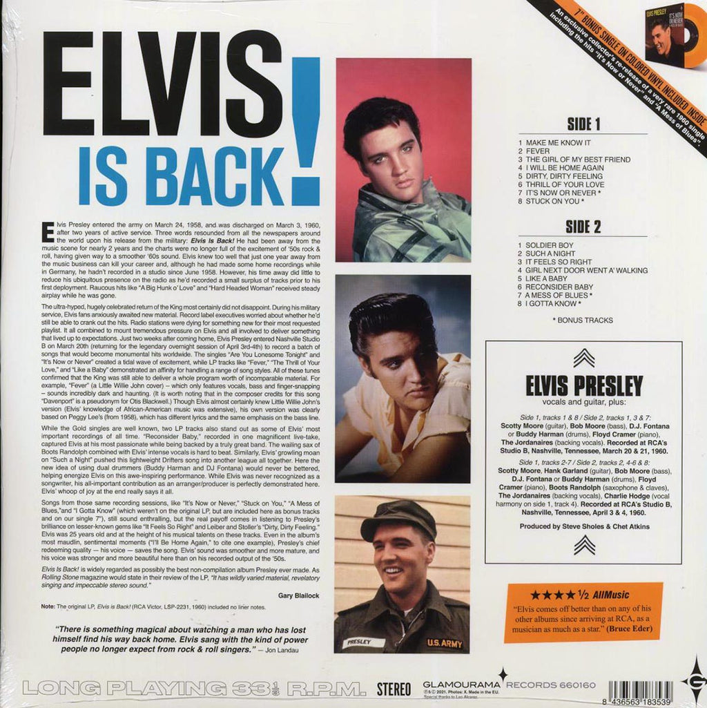 Elvis Presley - Elvis Is Back! (+4 bonus tracks) (180g) (incl. a bonus 45rpm vinyl) vinyl LP back cover