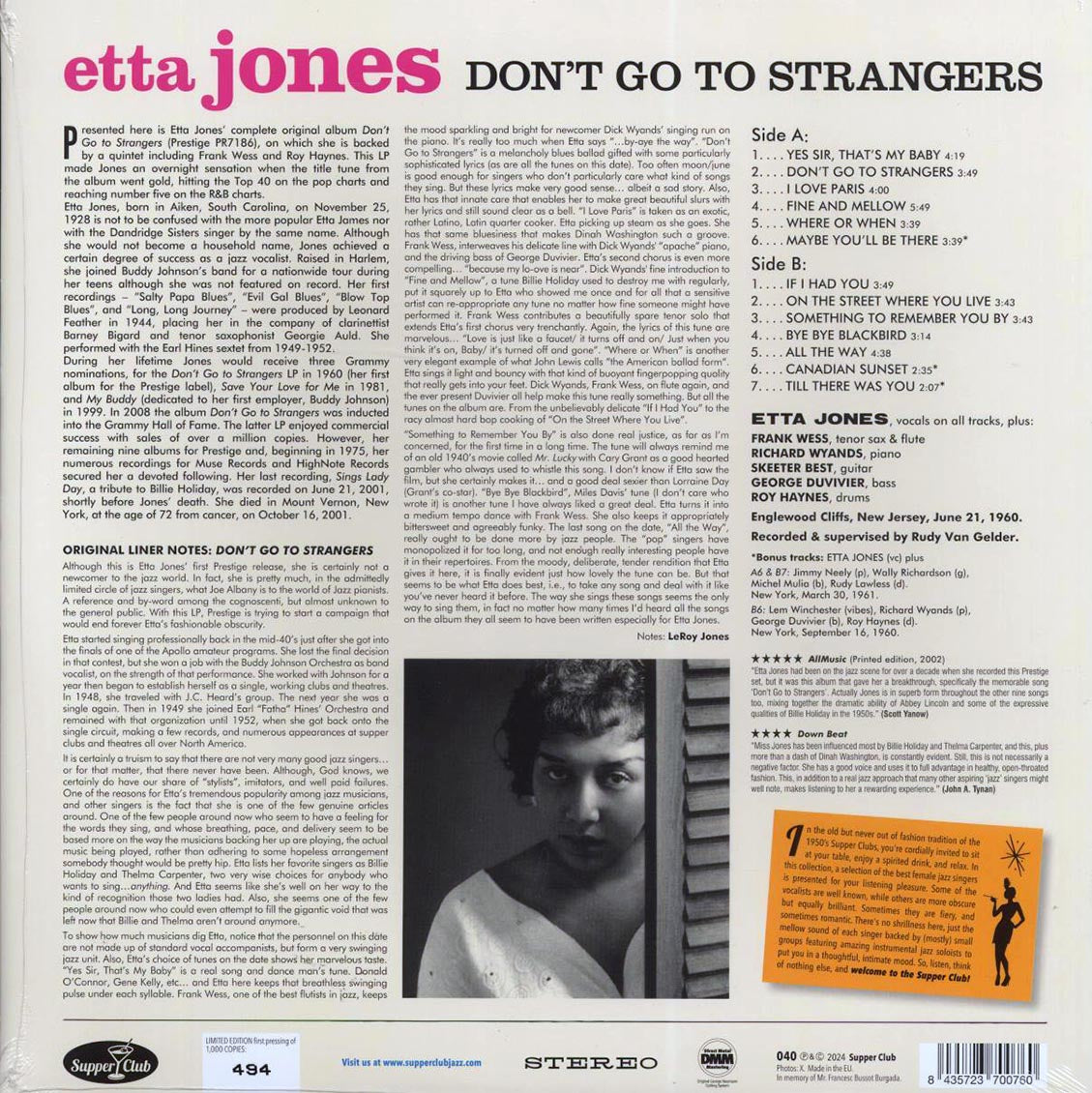 Etta Jones - Don't Go To Strangers (+3 bonus tracks) (180g) vinyl LP back cover
