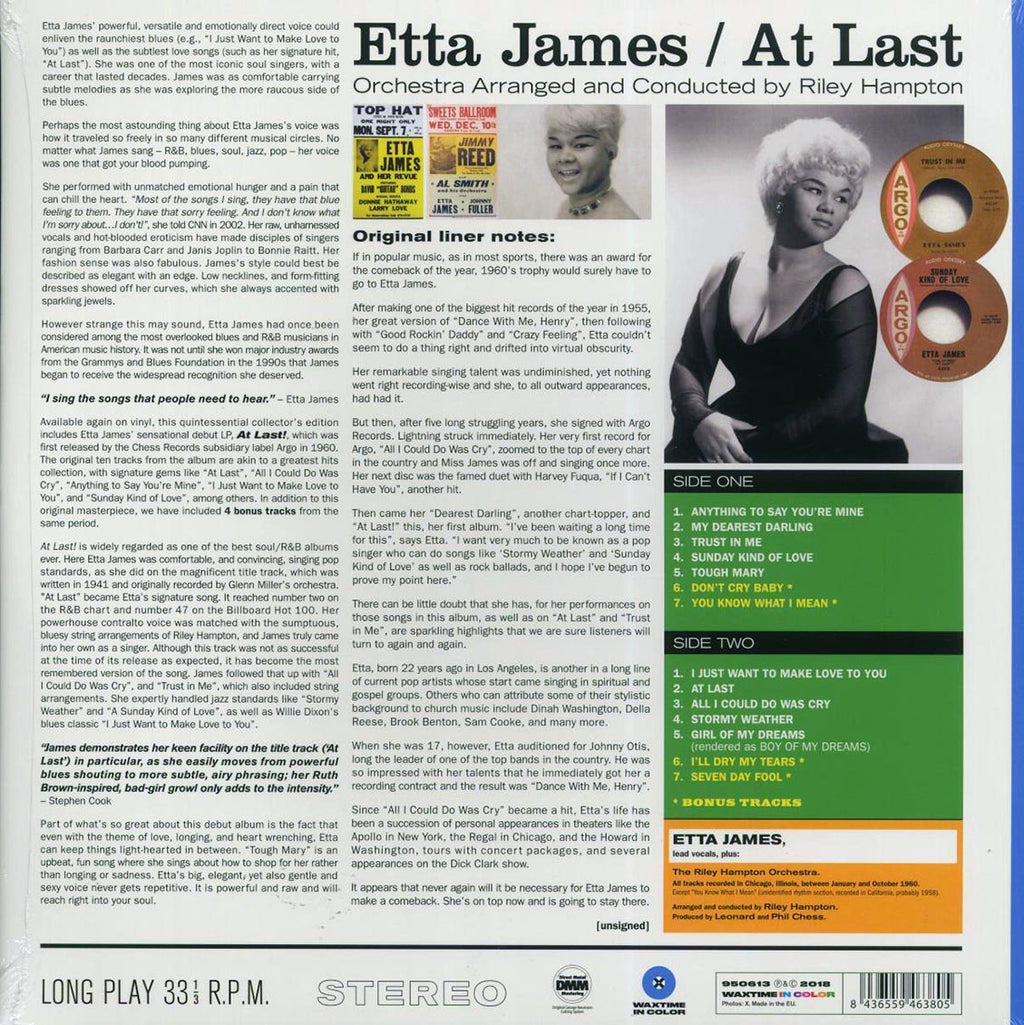 Etta James - At Last! (+4 bonus tracks) (180g) (blue vinyl) vinyl LP back cover