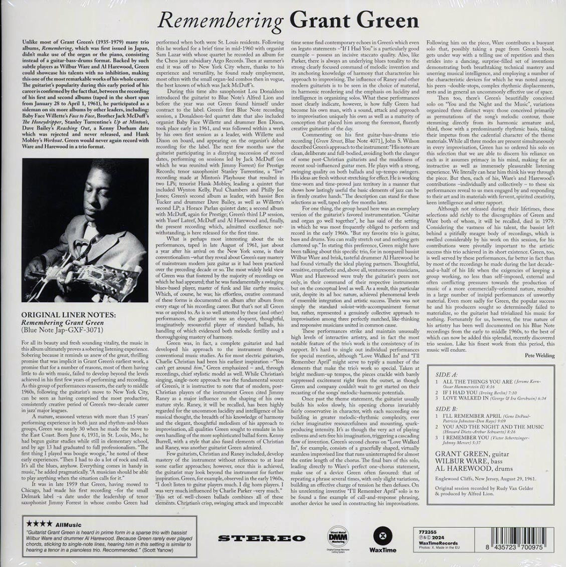 Grant Green - Remembering (180g) vinyl LP back cover