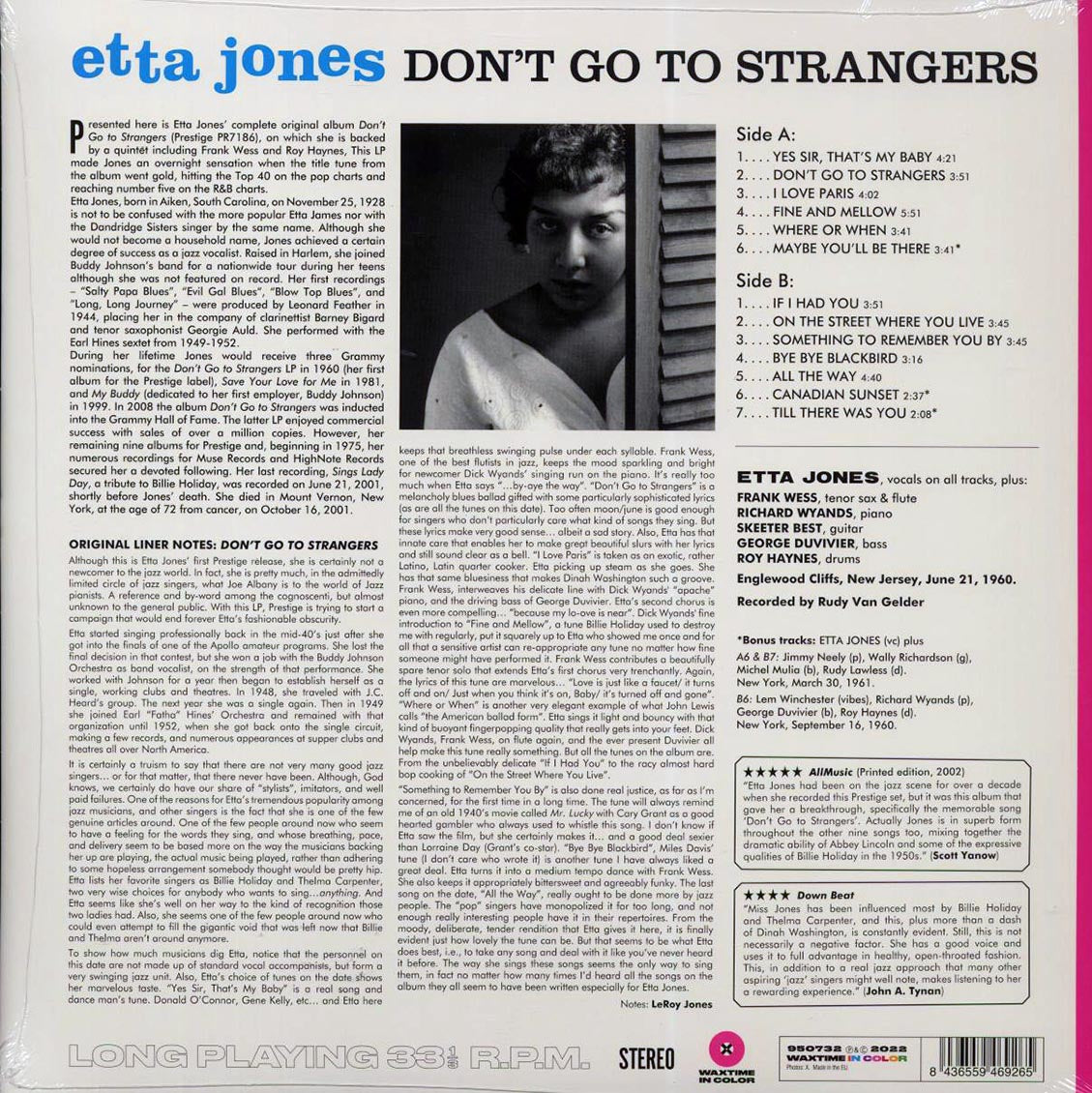 Etta Jones - Don't Go To Strangers (+3 bonus tracks) (180g) (pink vinyl) vinyl LP back cover