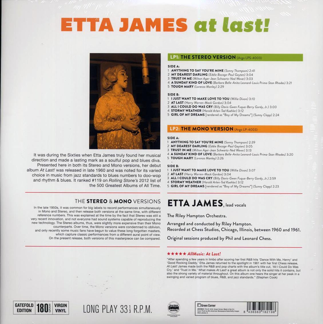 Etta James - At Last! (mono+stereo) (2xLP) (180g) vinyl LP back cover
