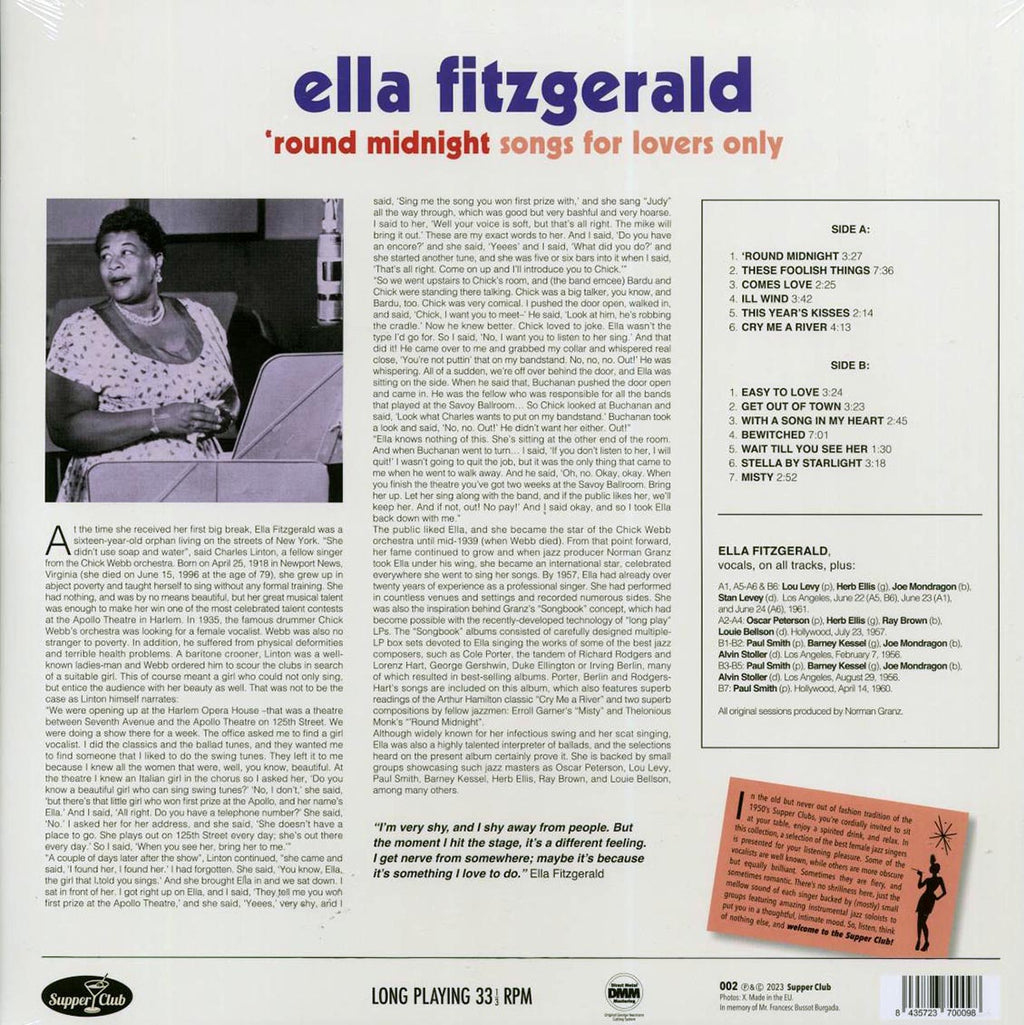 Ella Fitzgerald - 'Round Midnight: Songs For Lovers Only (180g) vinyl LP back cover