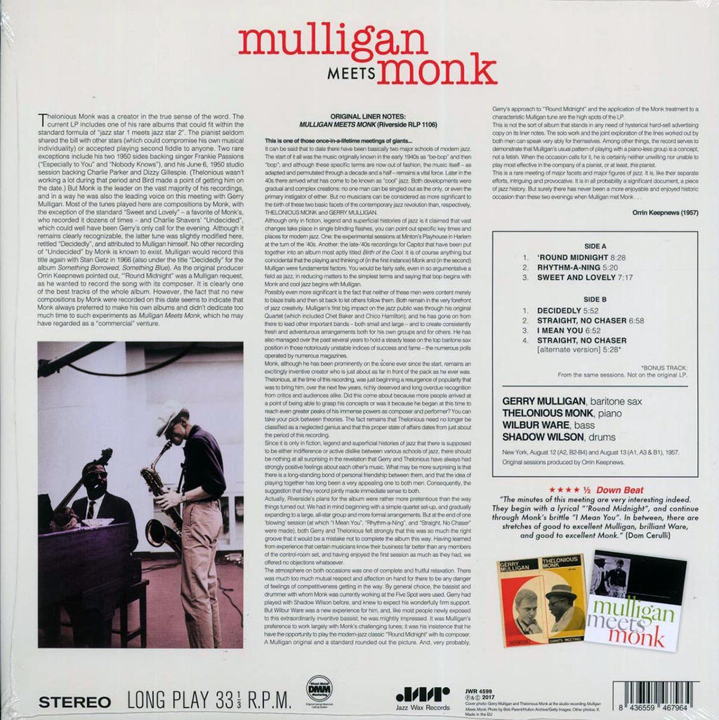 Thelonious Monk, Gerry Mulligan - Mulligan Meets Monk (+bonus track) (180g) vinyl LP back cover