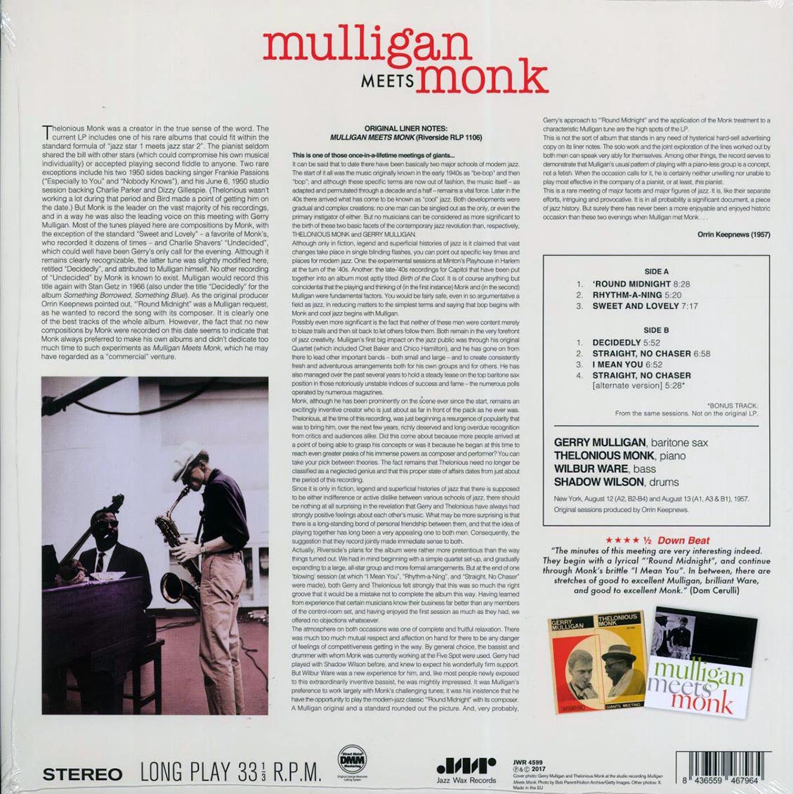 Thelonious Monk, Gerry Mulligan - Mulligan Meets Monk (+bonus track) (180g) vinyl LP back cover