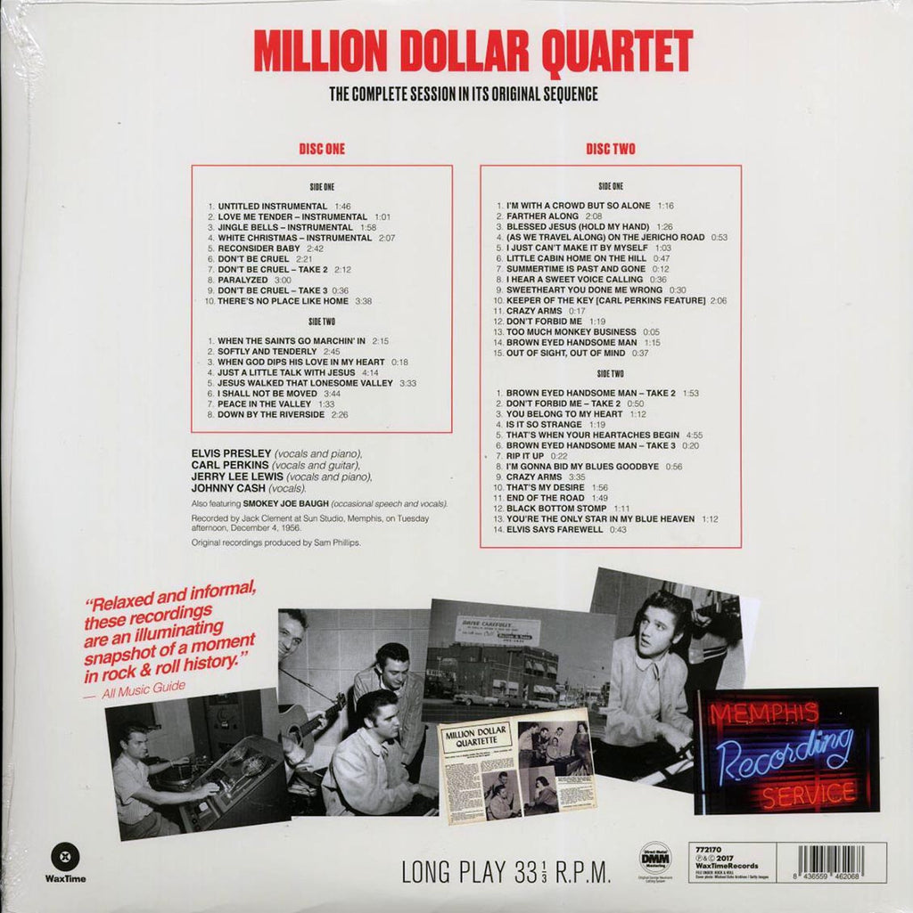 Elvis Presley, Carl Perkins, Jerry Lee Lewis, Johnny Cash - Million Dollar Quartet: The Complete Session In Its Original Sequence (47 tracks) (2xLP) (180g) vinyl LP back cover