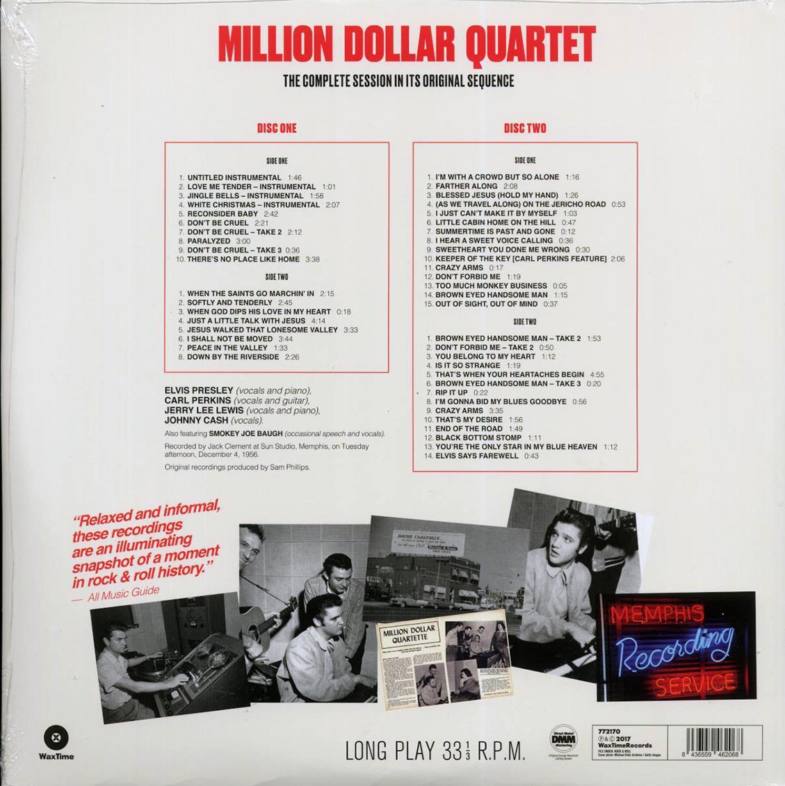 Elvis Presley, Carl Perkins, Jerry Lee Lewis, Johnny Cash - Million Dollar Quartet: The Complete Session In Its Original Sequence (47 tracks) (2xLP) (180g) vinyl LP back cover