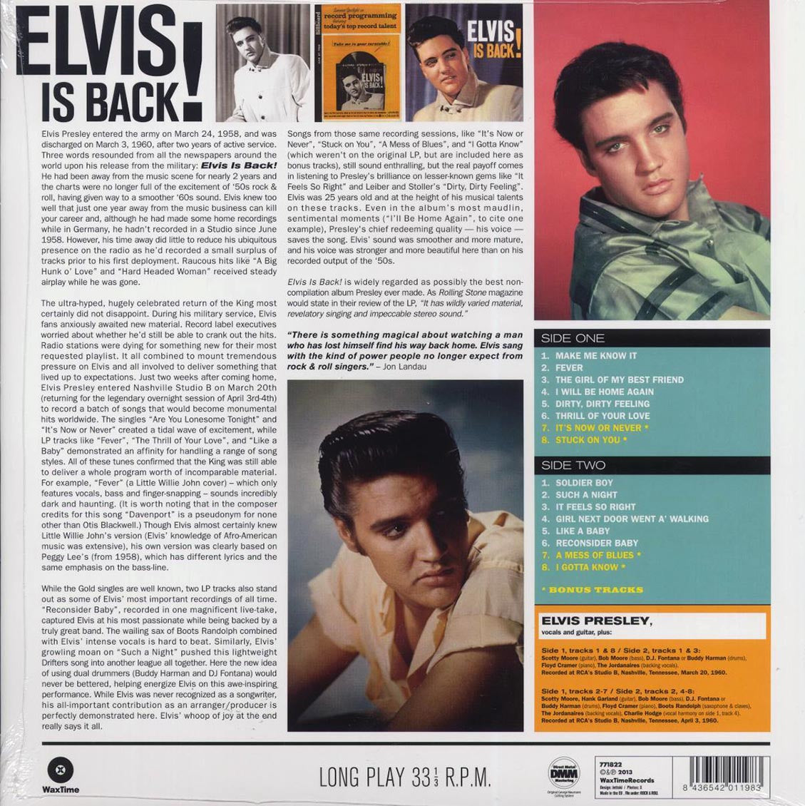 Elvis Presley - Elvis Is Back (+4 bonus tracks) (180g) vinyl LP back cover