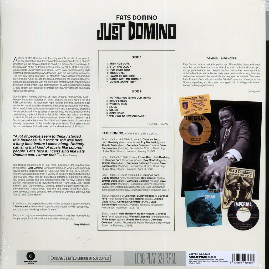 Fats Domino - Just Domino (+2 bonus tracks) (180g) vinyl LP back cover