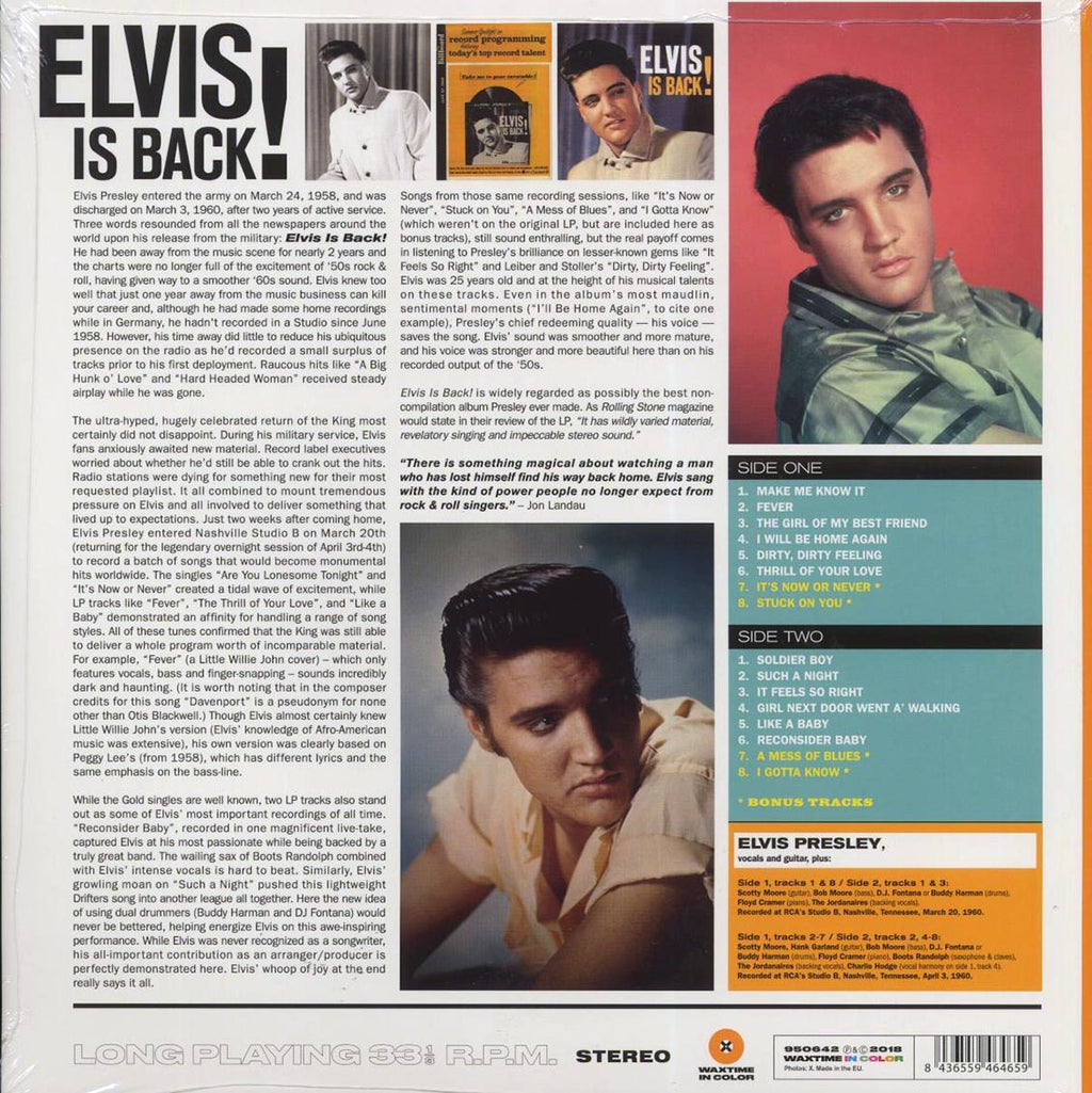 Elvis Presley - Elvis Is Back (+4 bonus tracks) (180g) (orange vinyl) vinyl LP back cover