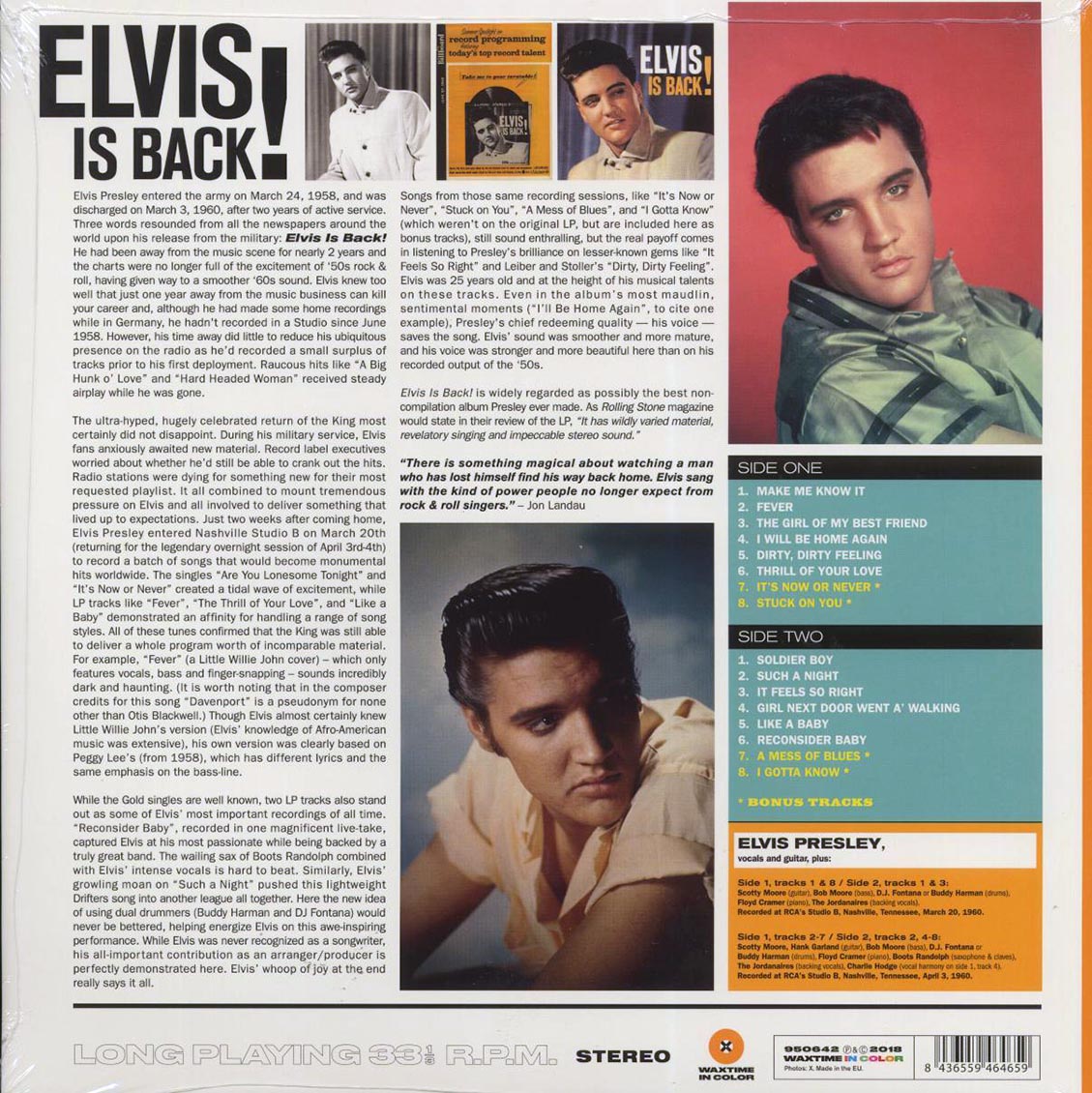 Elvis Presley - Elvis Is Back (+4 bonus tracks) (180g) (orange vinyl) vinyl LP back cover