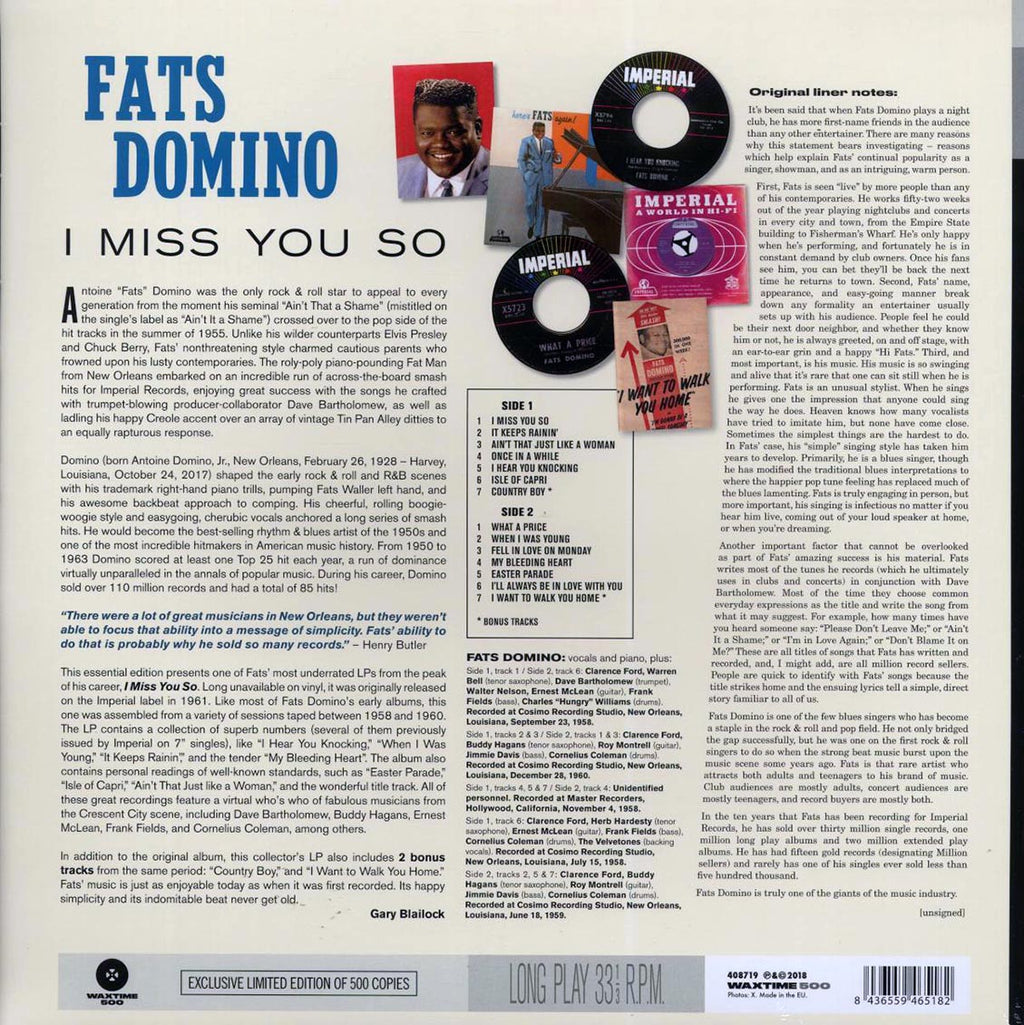 Fats Domino - I Miss You So (+2 bonus tracks) (180g) vinyl LP back cover
