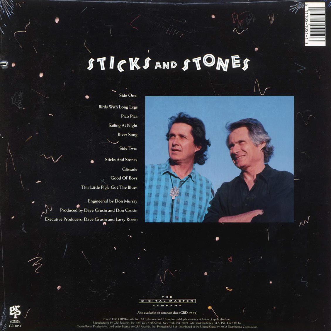 Dave Grusin, Don Grusin - Sticks And Stones (1988 ORIGINAL PRESS) (orig. press) vinyl LP back cover