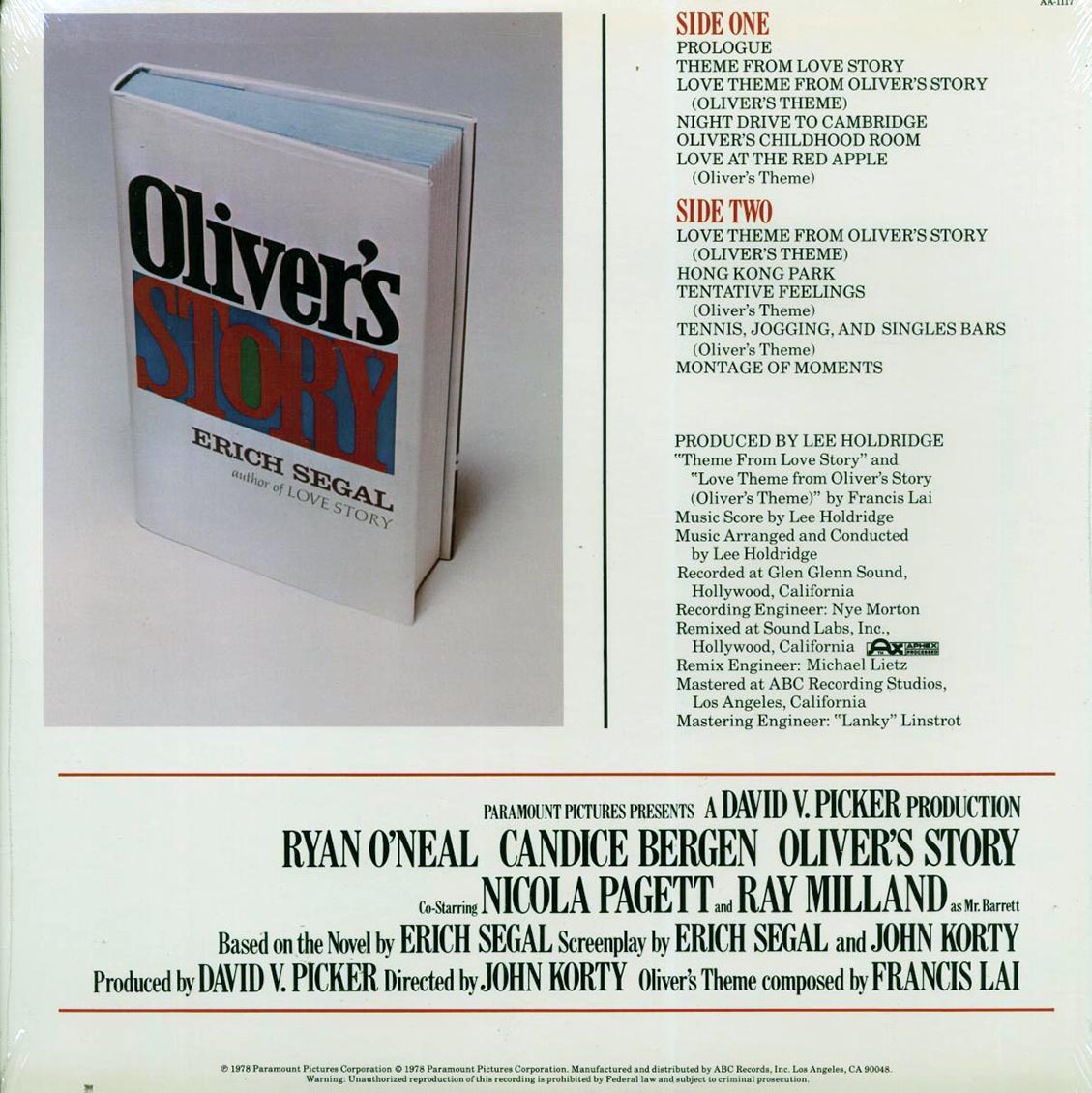 Lee Holdridge - Oliver's Story: Music From The Original Soundtrack Of The Paramount Picture (1978 ORIGINAL PRESS) (orig. press) (marked/ltd stock) vinyl LP back cover
