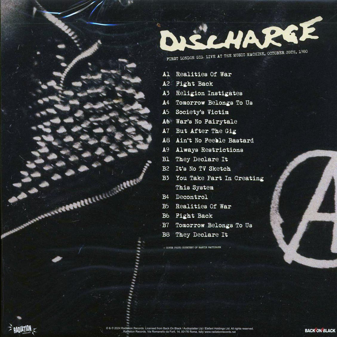Discharge - First London Gig, Live At The Music Machine, October 20th, 1980 vinyl LP back cover
