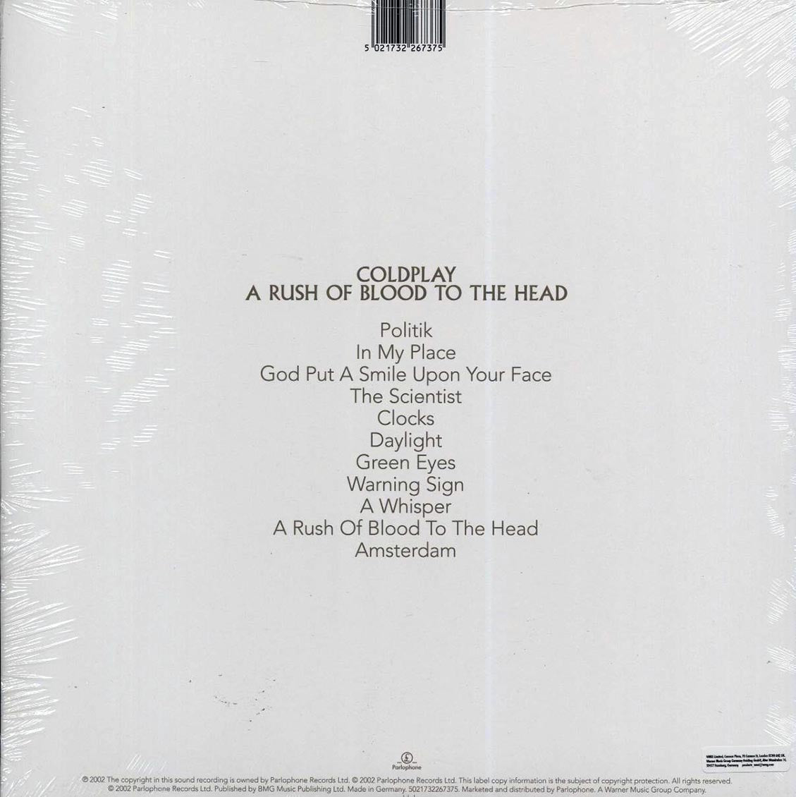 Coldplay - A Rush Of Blood To The Head vinyl LP back cover