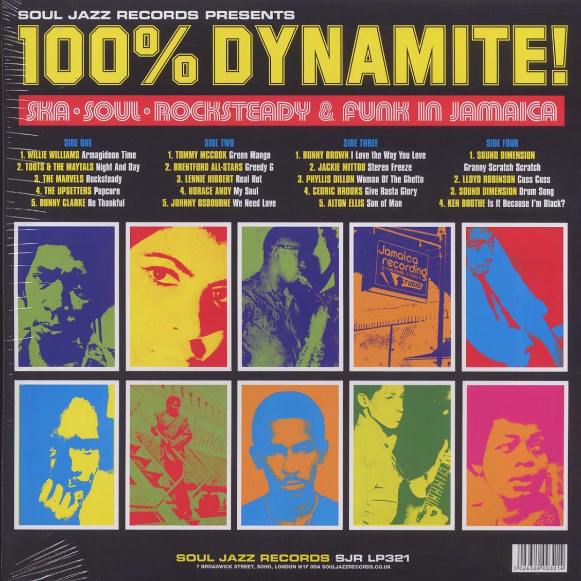 Johnny Osbourne, Cedric Brooks, The Maytals, Alton Ellis, Willie Williams, The Upsetters, Etc. - 100% Dynamite! (2xLP) vinyl LP back cover