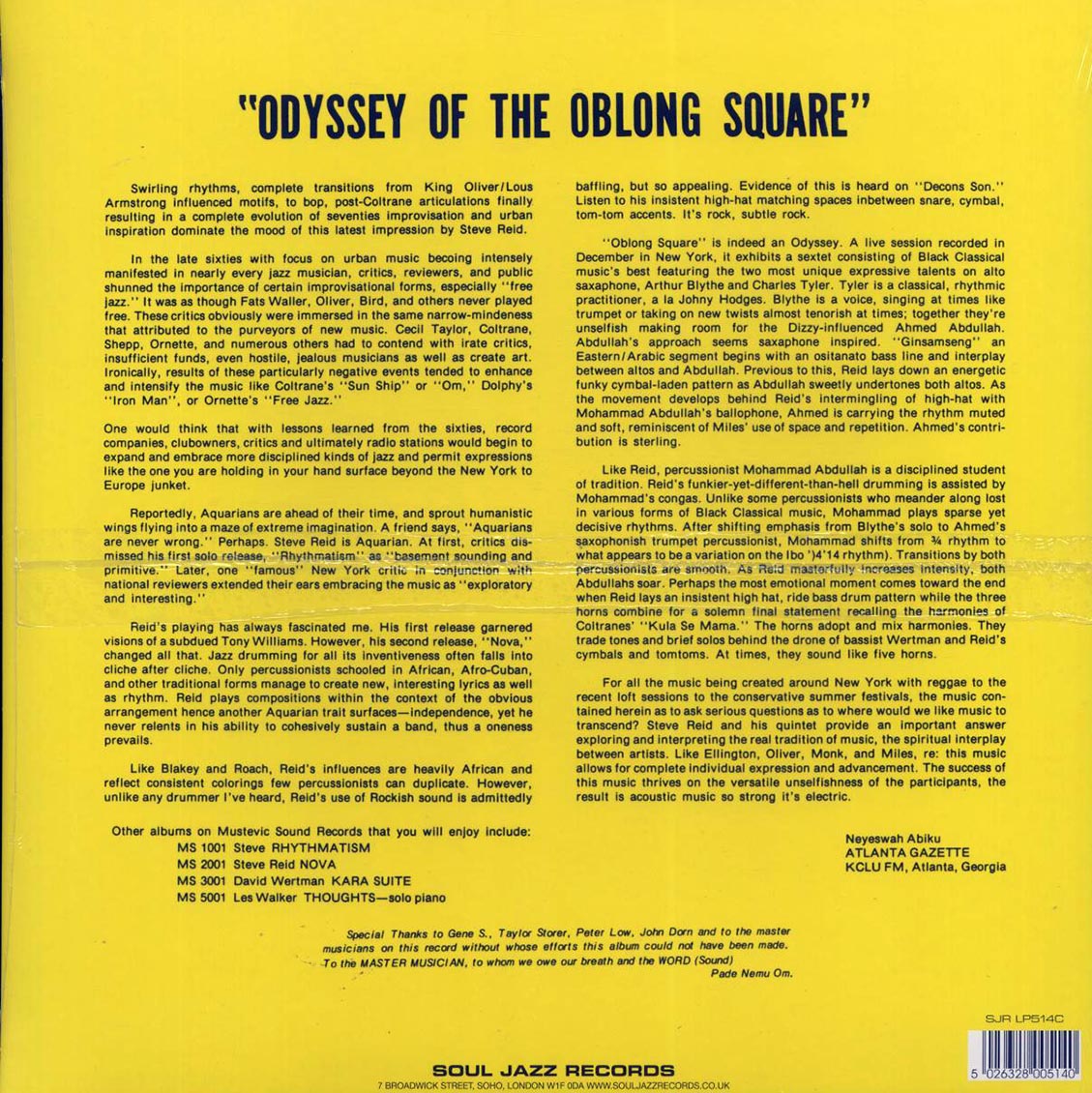 Steve Reid - Odyssey Of The Oblong Square (ltd. ed.) (gold vinyl) vinyl LP back cover