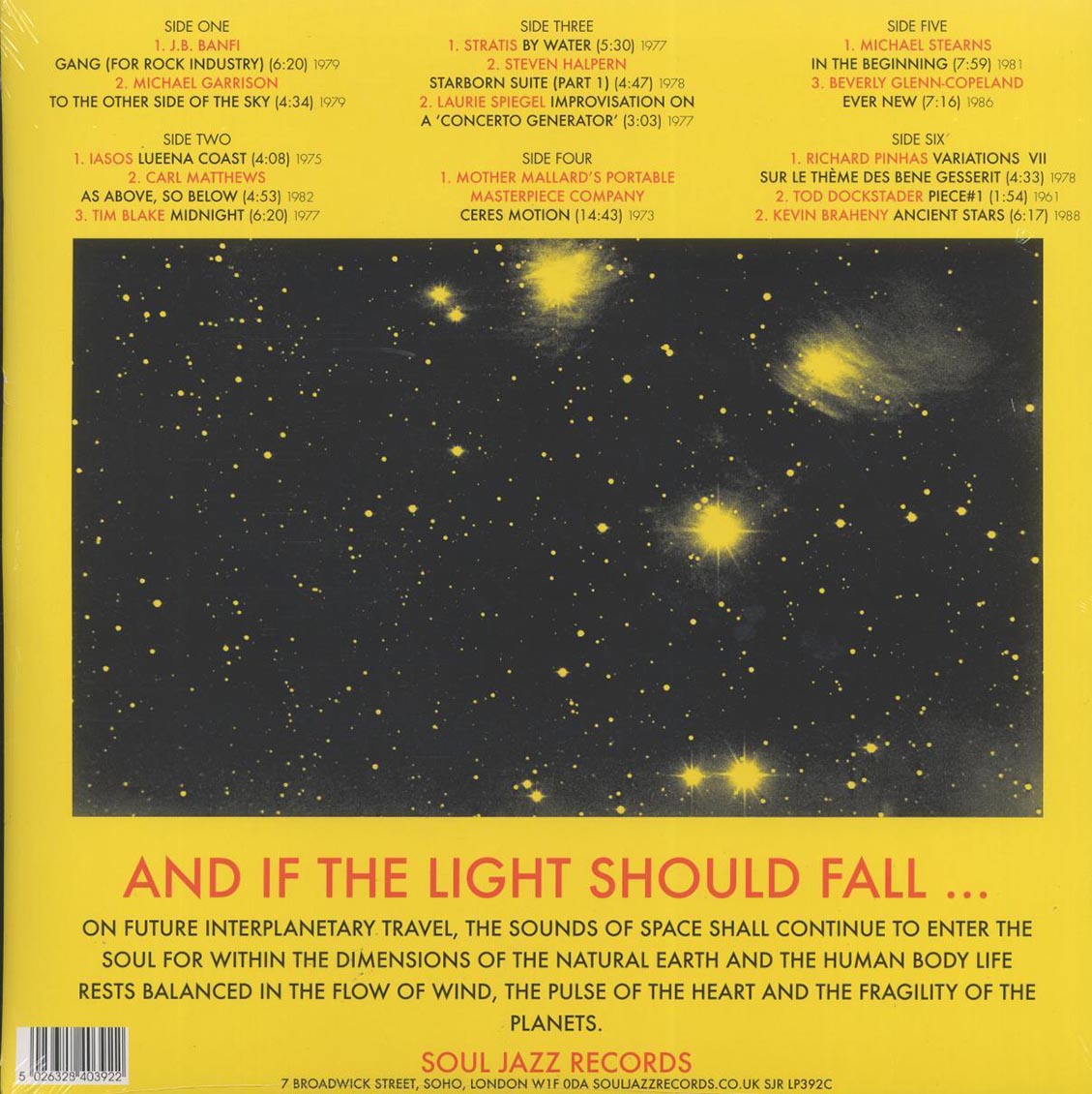 Various - Space, Energy & Light: Experimental Electronic And Acoustic Soundscapes 1961-88 (3xLP) (yellow vinyl) vinyl LP back cover