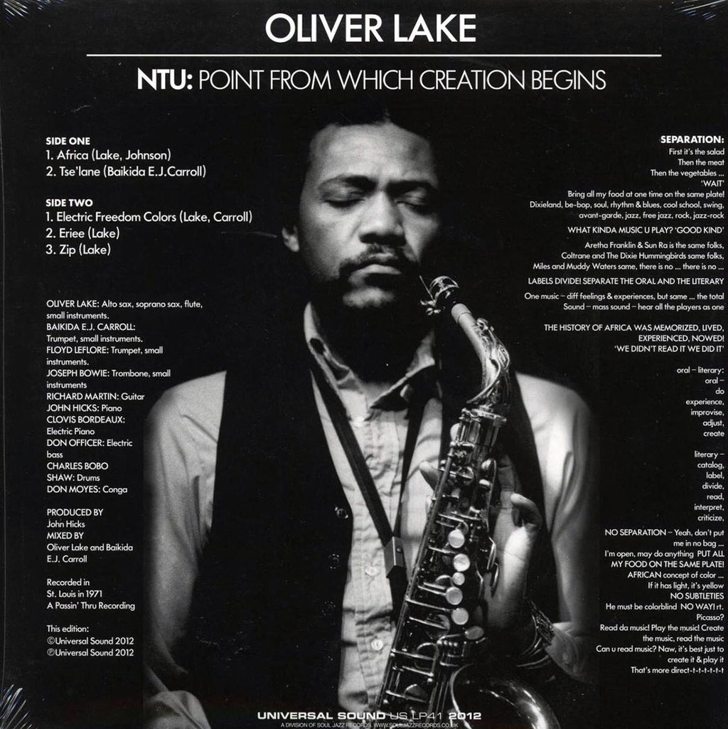 Oliver Lake - NTU: Point From Which Creation Begins vinyl LP back cover