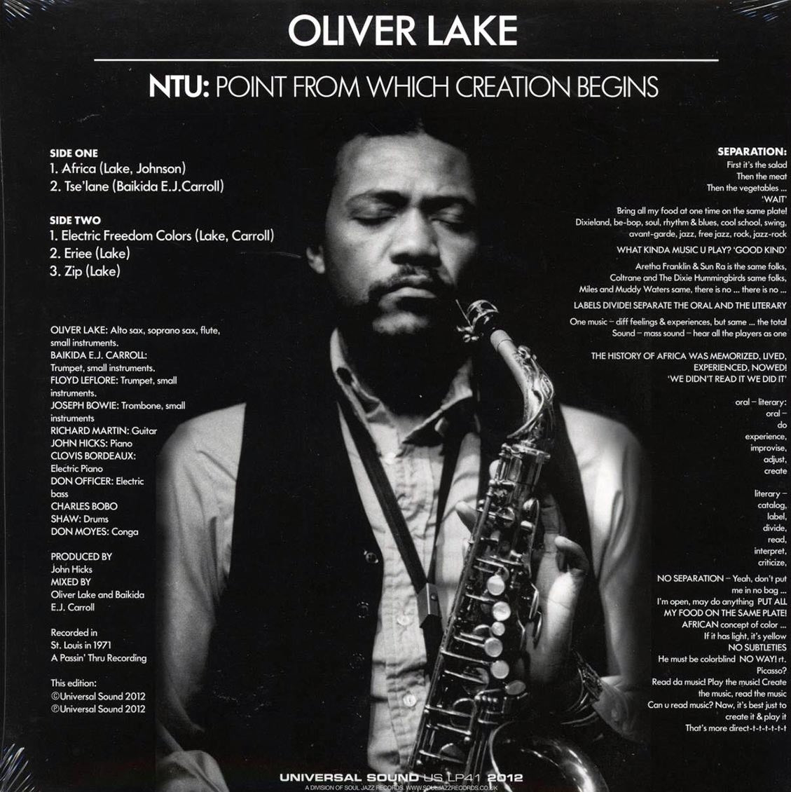 Oliver Lake - NTU: Point From Which Creation Begins vinyl LP back cover
