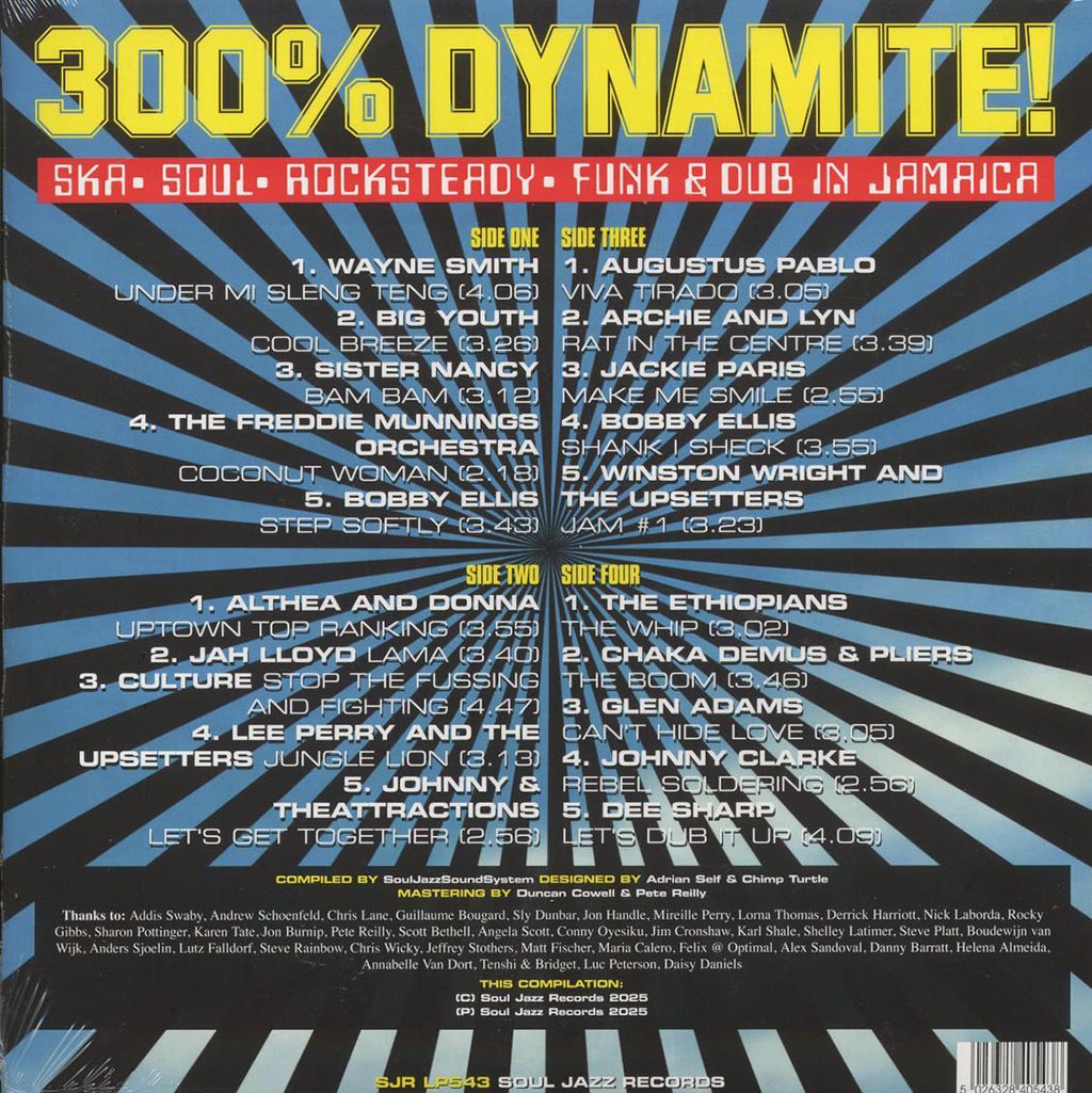The Ethiopians, Sister Nancy, Althea & Donna, Lee Perry, Culture, Etc. - 300% Dynamite!: Ska, Soul, Rocksteady, Funk & Dub In Jamaica (2xLP) vinyl LP back cover