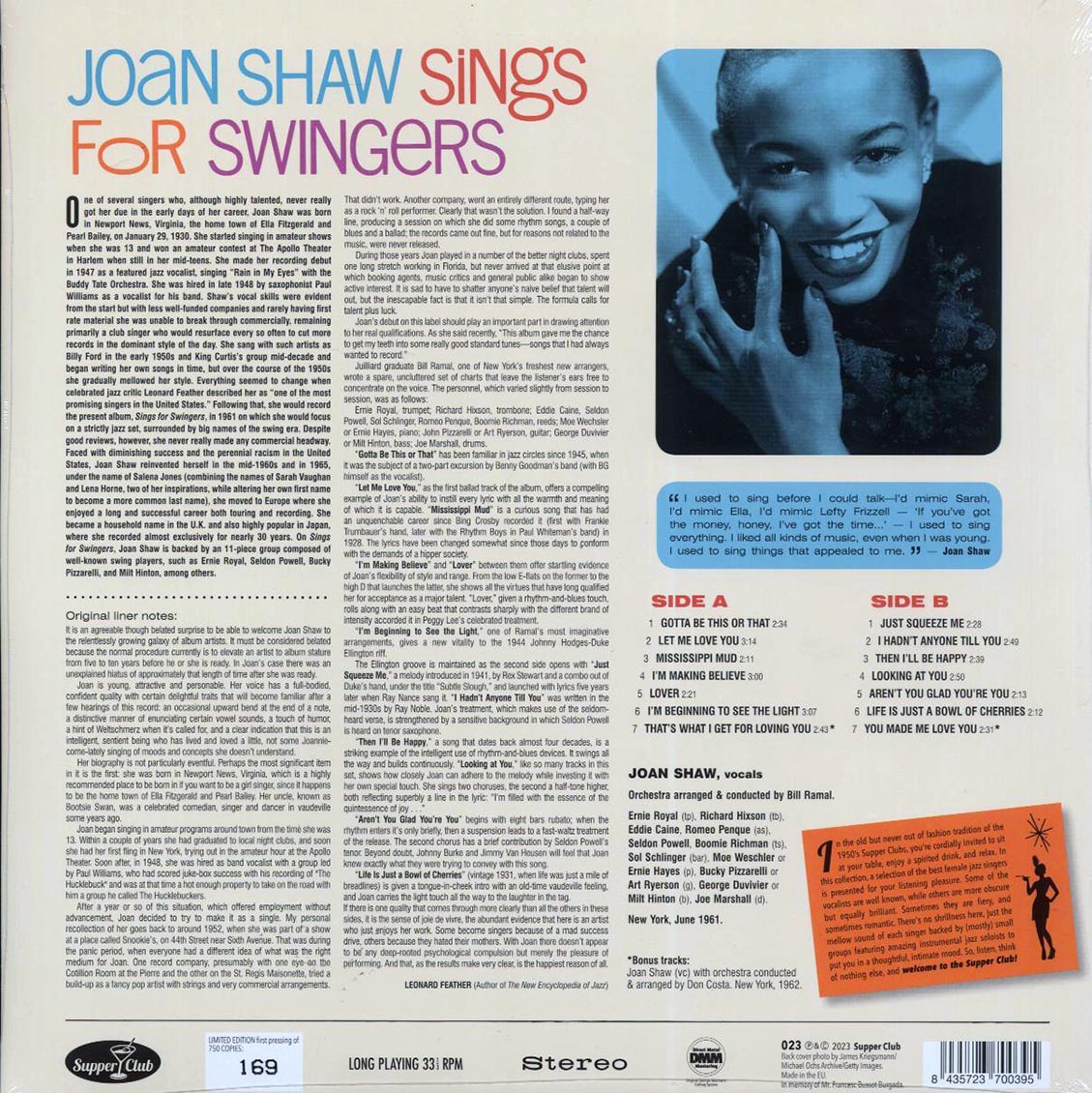 Joan Shaw - Sings For Swingers (+2 bonus tracks) (ltd. ed.) (180g) vinyl LP back cover