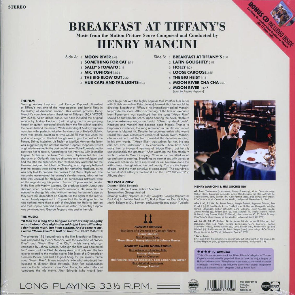 Henry Mancini - Breakfast At Tiffany's: Music From The Motion Picture Score (180g) (blue vinyl) vinyl LP back cover