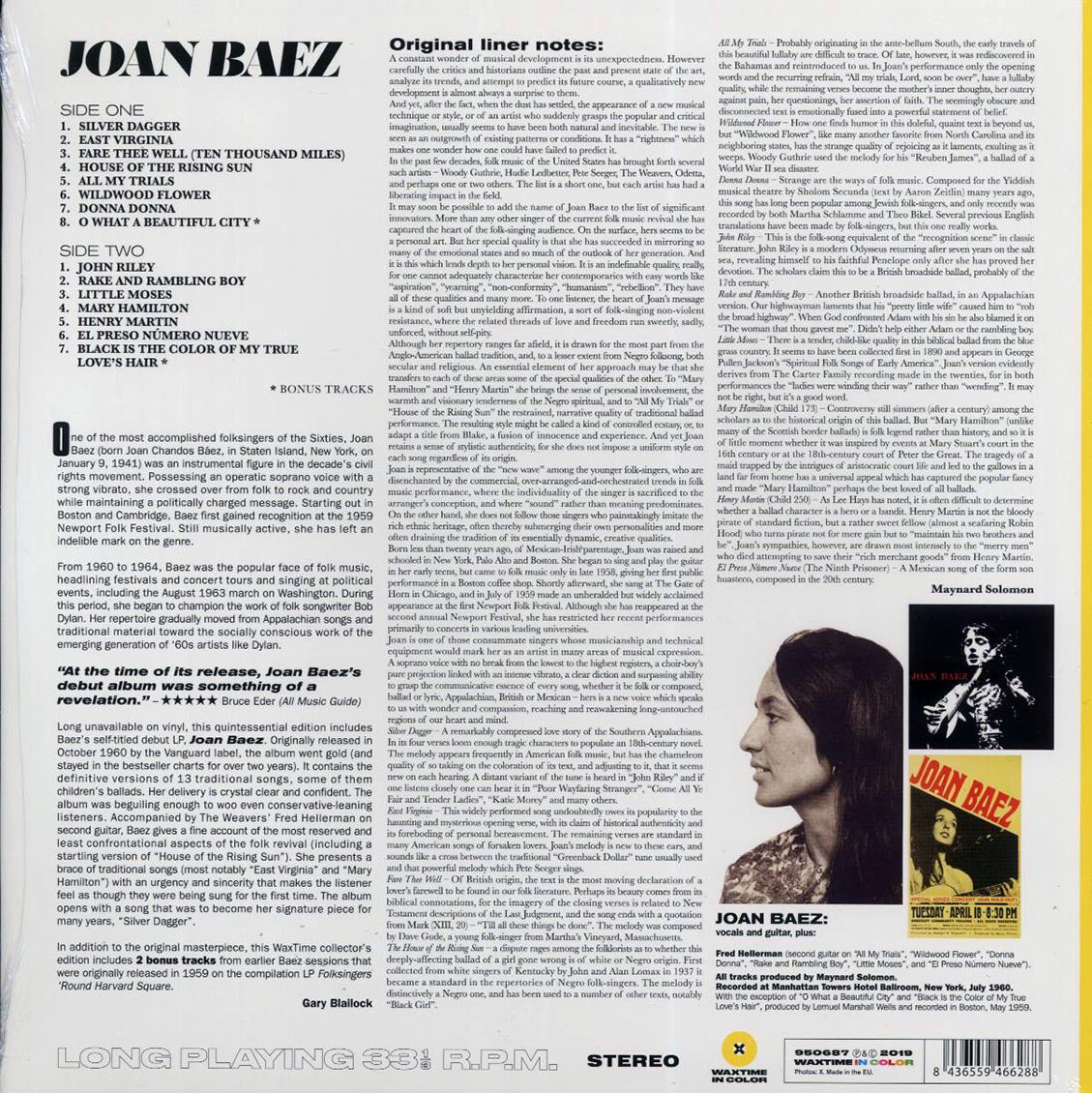 Joan Baez - Joan Baez (Debut Album) (+2 bonus tracks) (ltd. ed.) (yellow vinyl) vinyl LP back cover
