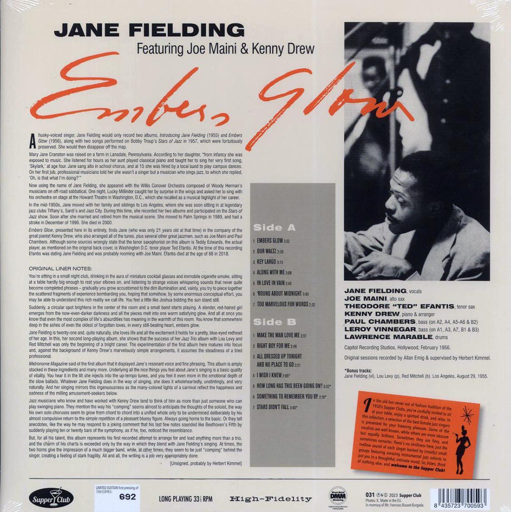 Jane Fielding, The Kenny Drew Quintet - Embers Glow (+4 bonus tracks) (ltd. ed.) (180g) vinyl LP back cover