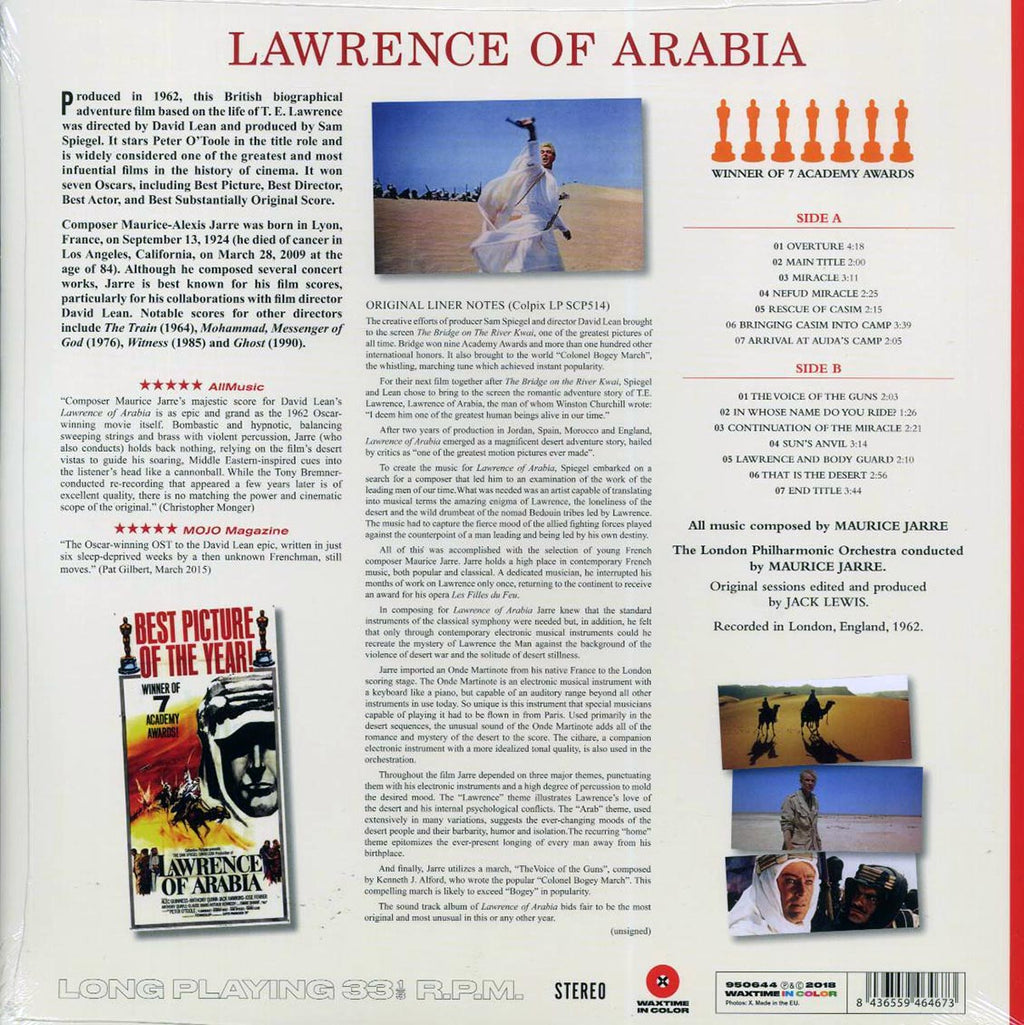 Maurice Jarre - Lawrence Of Arabia: Original Soundtrack Recording (ltd. ed.) (180g) (red vinyl) vinyl LP back cover