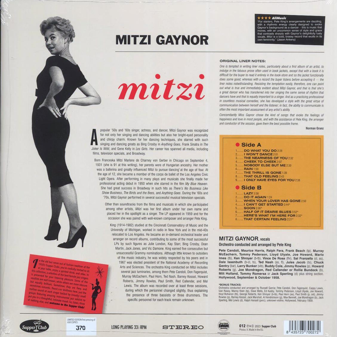 Mitzi Gaynor - Mitzi (+5 bonus tracks) (ltd. ed.) (180g) vinyl LP back cover