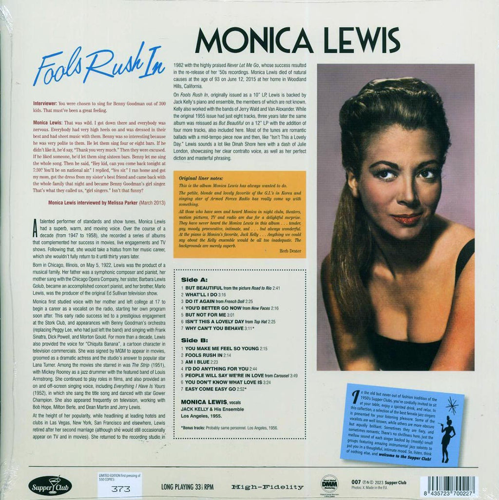 Monica Lewis - Fools Rush In (+2 bonus tracks) (ltd. ed.) (180g) vinyl LP back cover