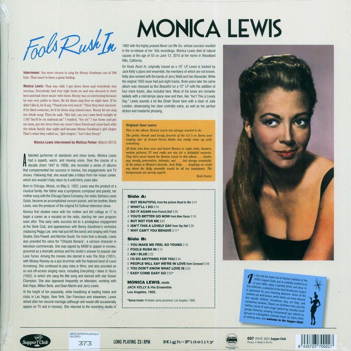 Monica Lewis - Fools Rush In (+2 bonus tracks) (ltd. ed.) (180g) vinyl LP back cover