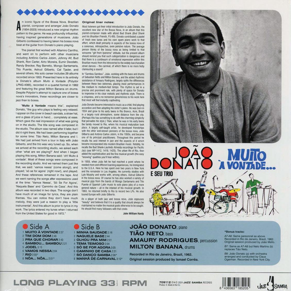 Joao Donato, Seu Trio - Muito a Vontade  (+4 bonus tracks) (ltd. ed.) (180g) vinyl LP back cover