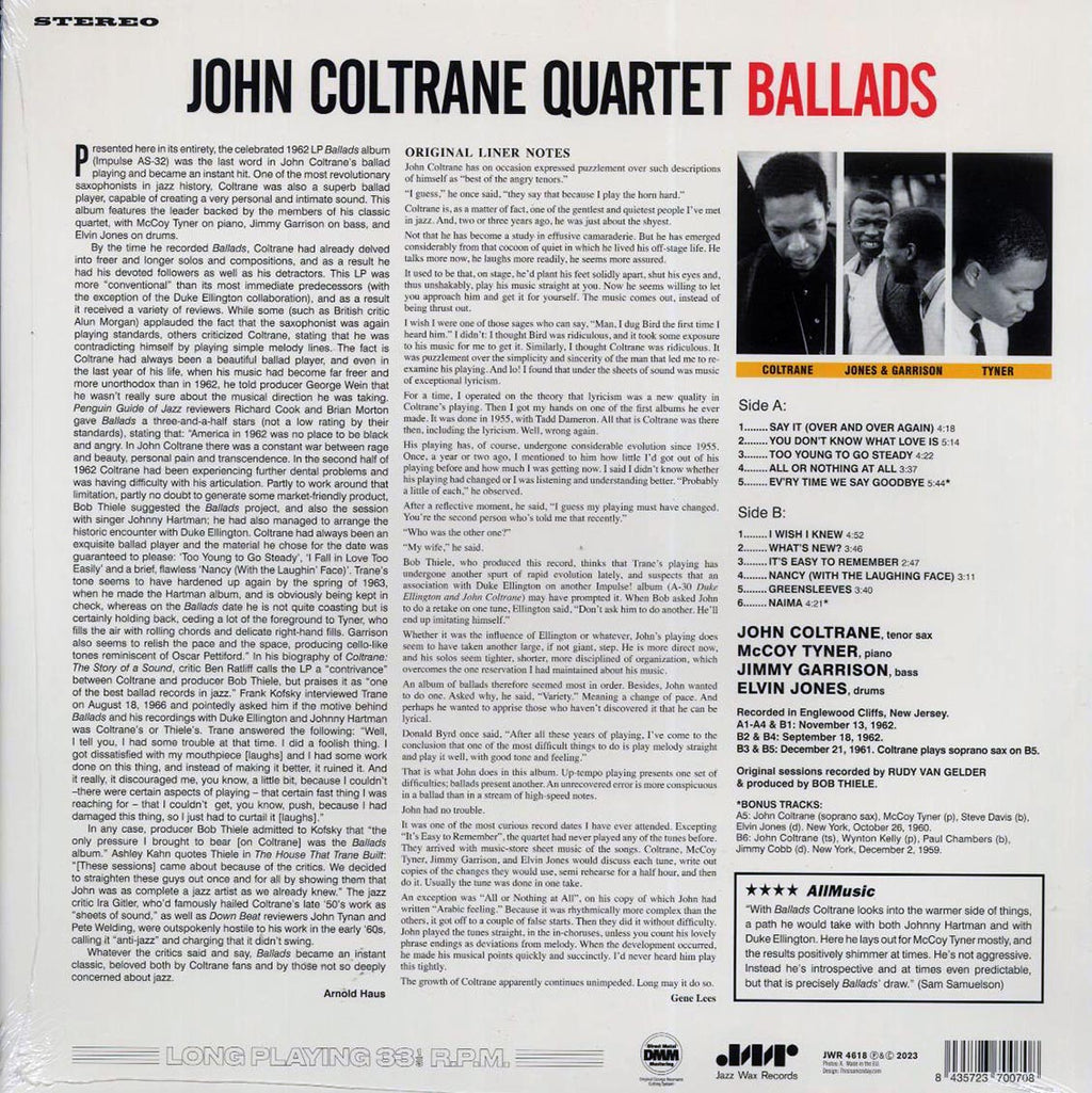 John Coltrane Quartet - Ballads (+2 bonus tracks) (ltd. ed.) (180g) vinyl LP back cover