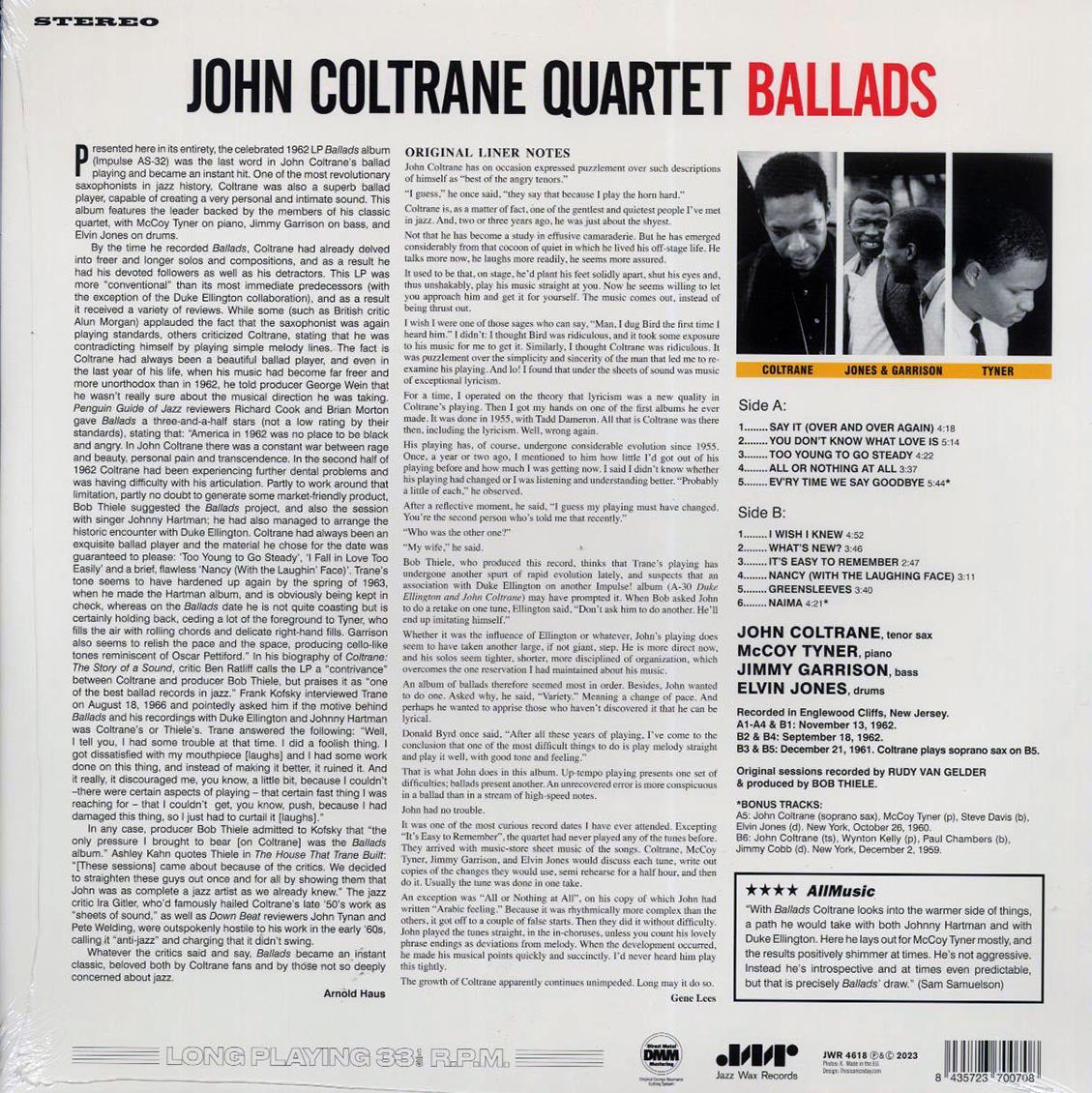 John Coltrane Quartet - Ballads (+2 bonus tracks) (ltd. ed.) (180g) vinyl LP back cover