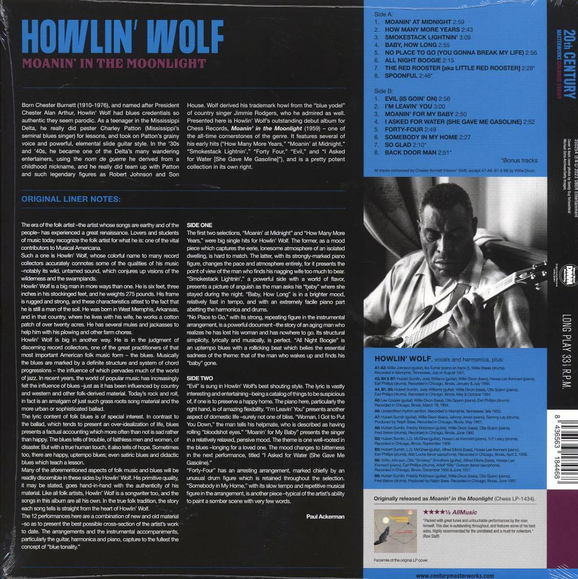 Howlin' Wolf - Moanin' In The Moonlight (+3 bonus tracks) (ltd. ed.) (180g) (blue vinyl) vinyl LP back cover