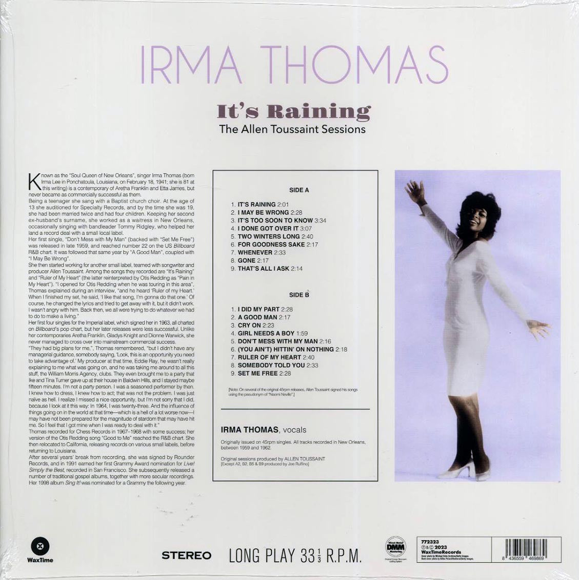 Irma Thomas - It's Raining: The Allen Toussaint Sessions (ltd. ed.) (180g) vinyl LP back cover