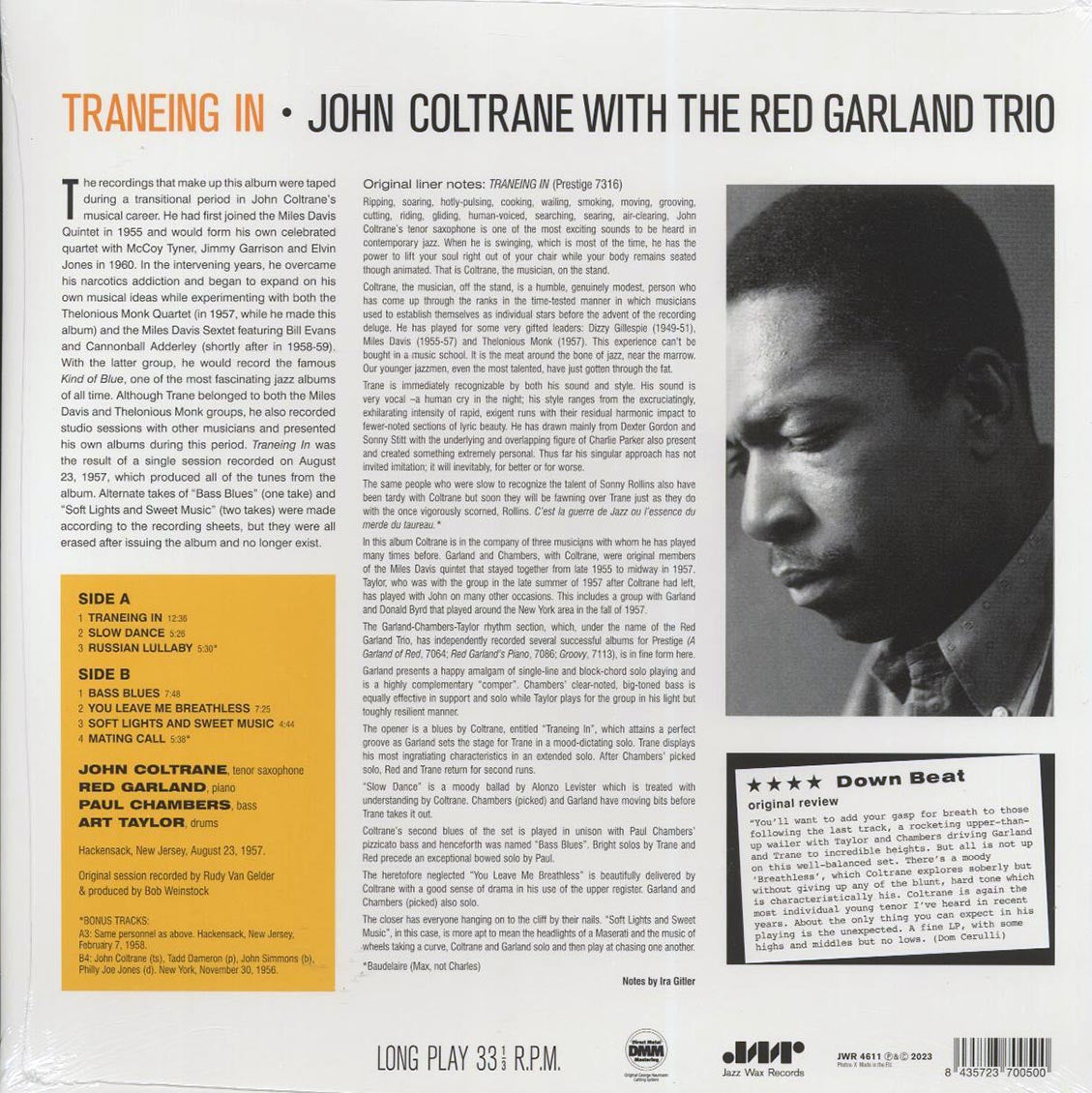 John Coltrane, Red Garland Trio - Traneing In (+2 bonus tracks) (ltd. ed.) (180g) vinyl LP back cover