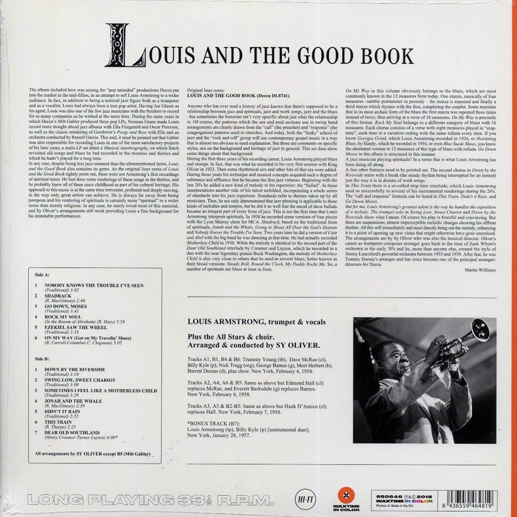 Louis Armstrong & His All-Stars, The Sy Oliver Choir - Louis And The Good Book (+bonus track) (ltd. ed.) (180g) (orange vinyl) vinyl LP back cover