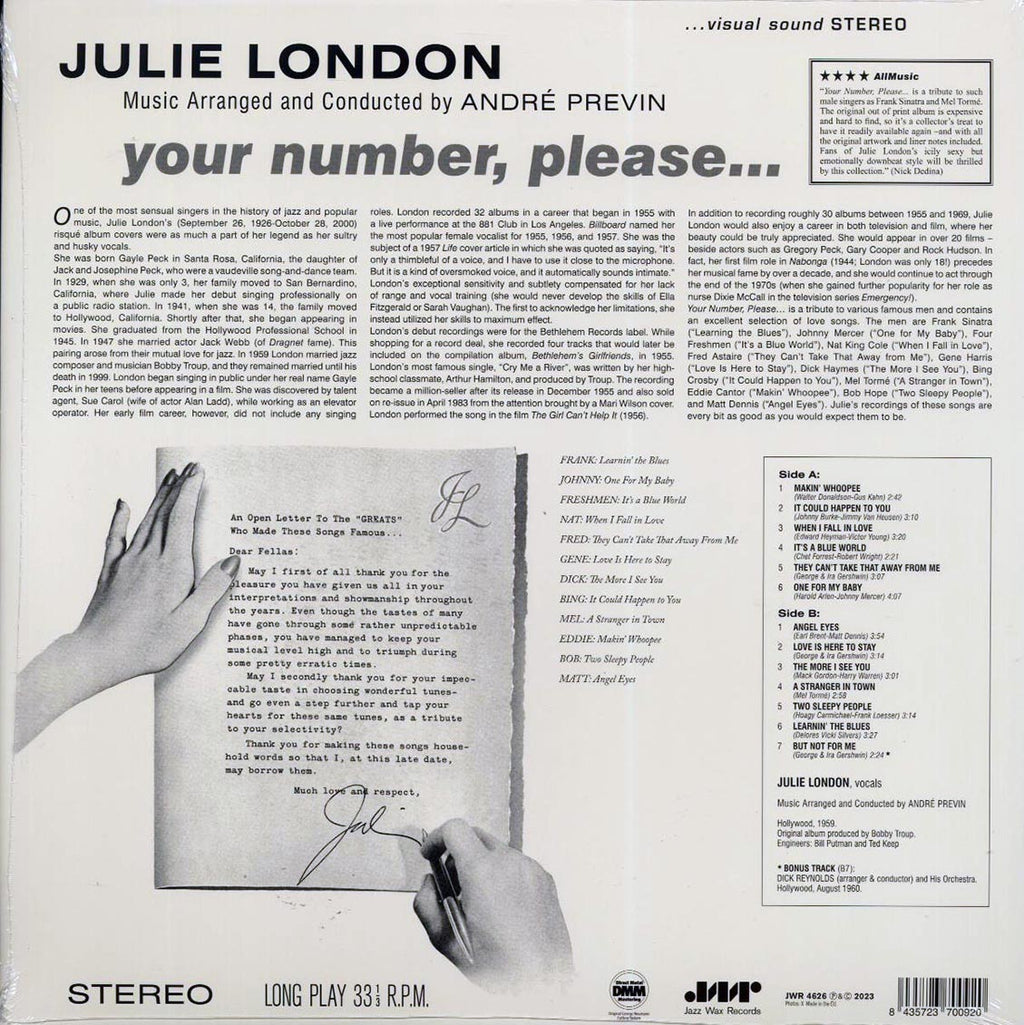 Julie London - Your Number Please (+bonus track) (ltd. ed.) (180g) vinyl LP back cover