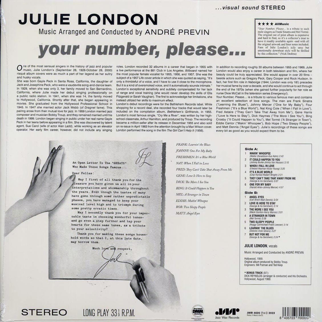 Julie London - Your Number Please (+bonus track) (ltd. ed.) (180g) vinyl LP back cover
