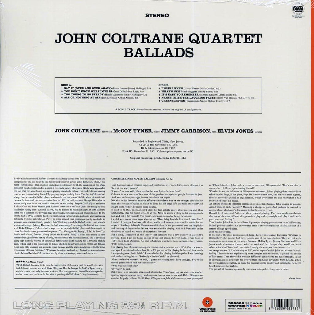 John Coltrane Quartet - Ballads (+bonus track) (ltd. ed.) (180g) (orange vinyl) vinyl LP back cover