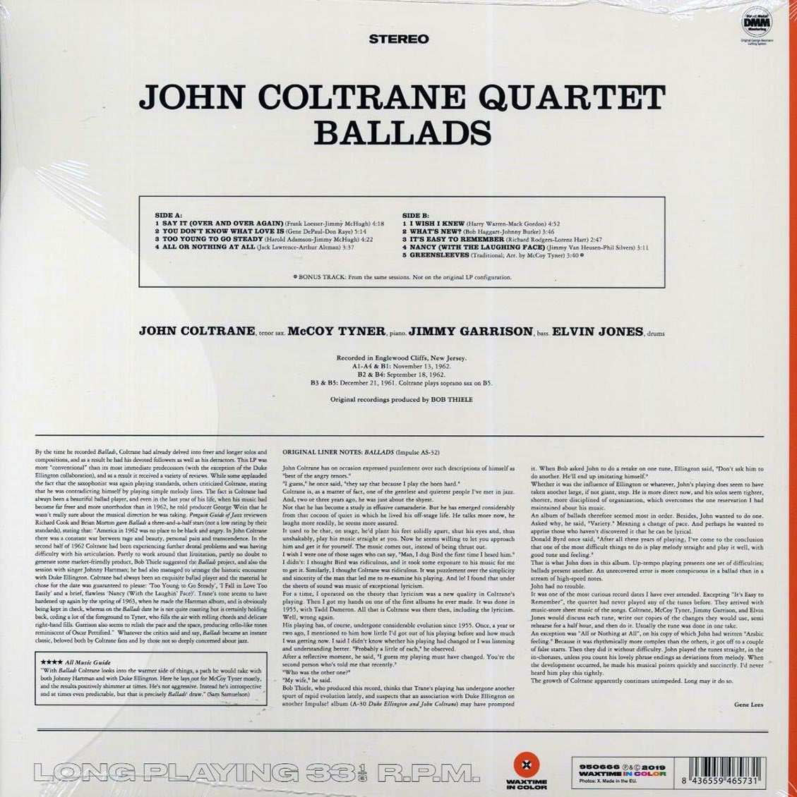 John Coltrane Quartet - Ballads (+bonus track) (ltd. ed.) (180g) (orange vinyl) vinyl LP back cover